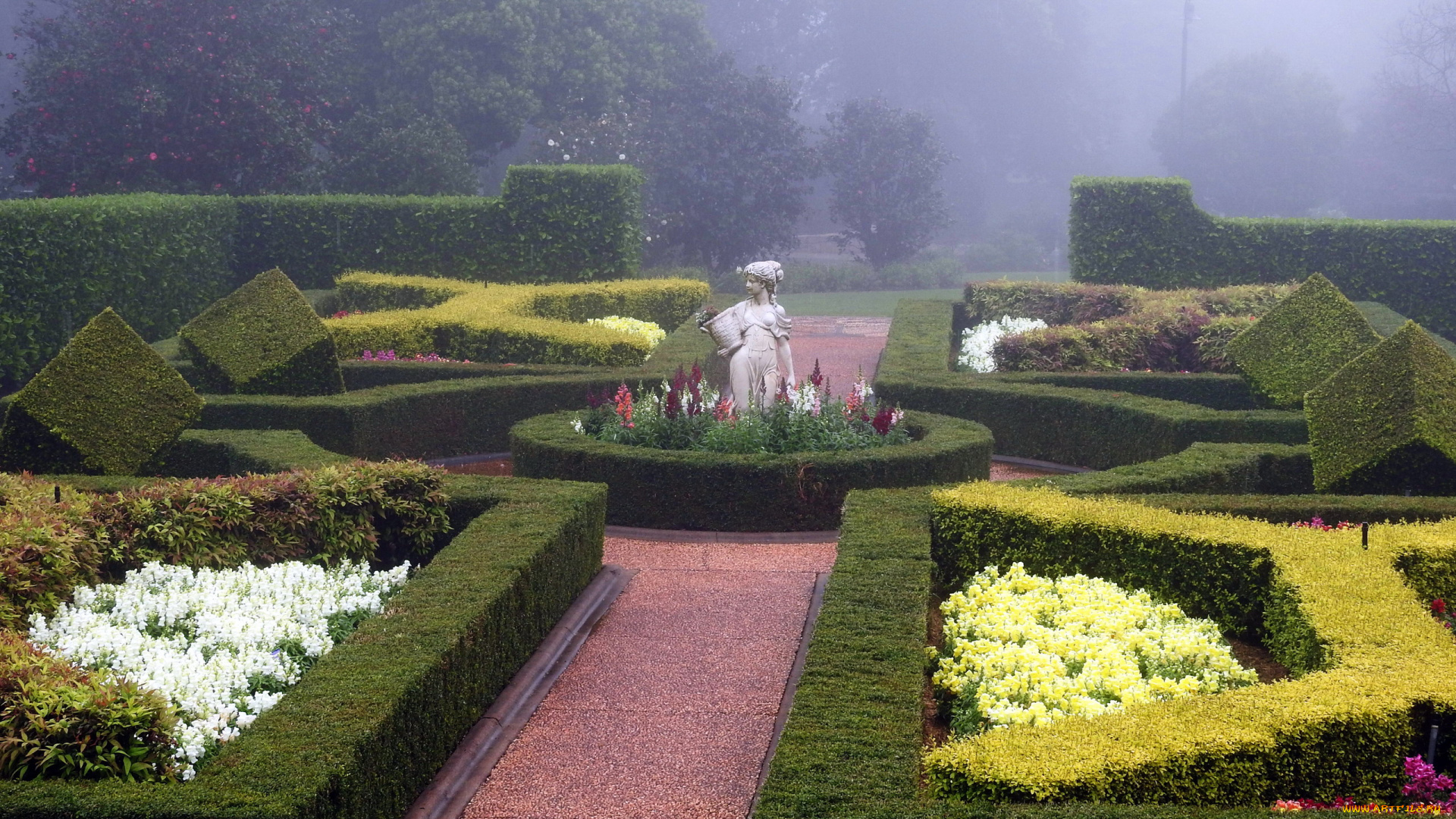 природа, парк, туман, скульптура, ландшафтный, дизайн