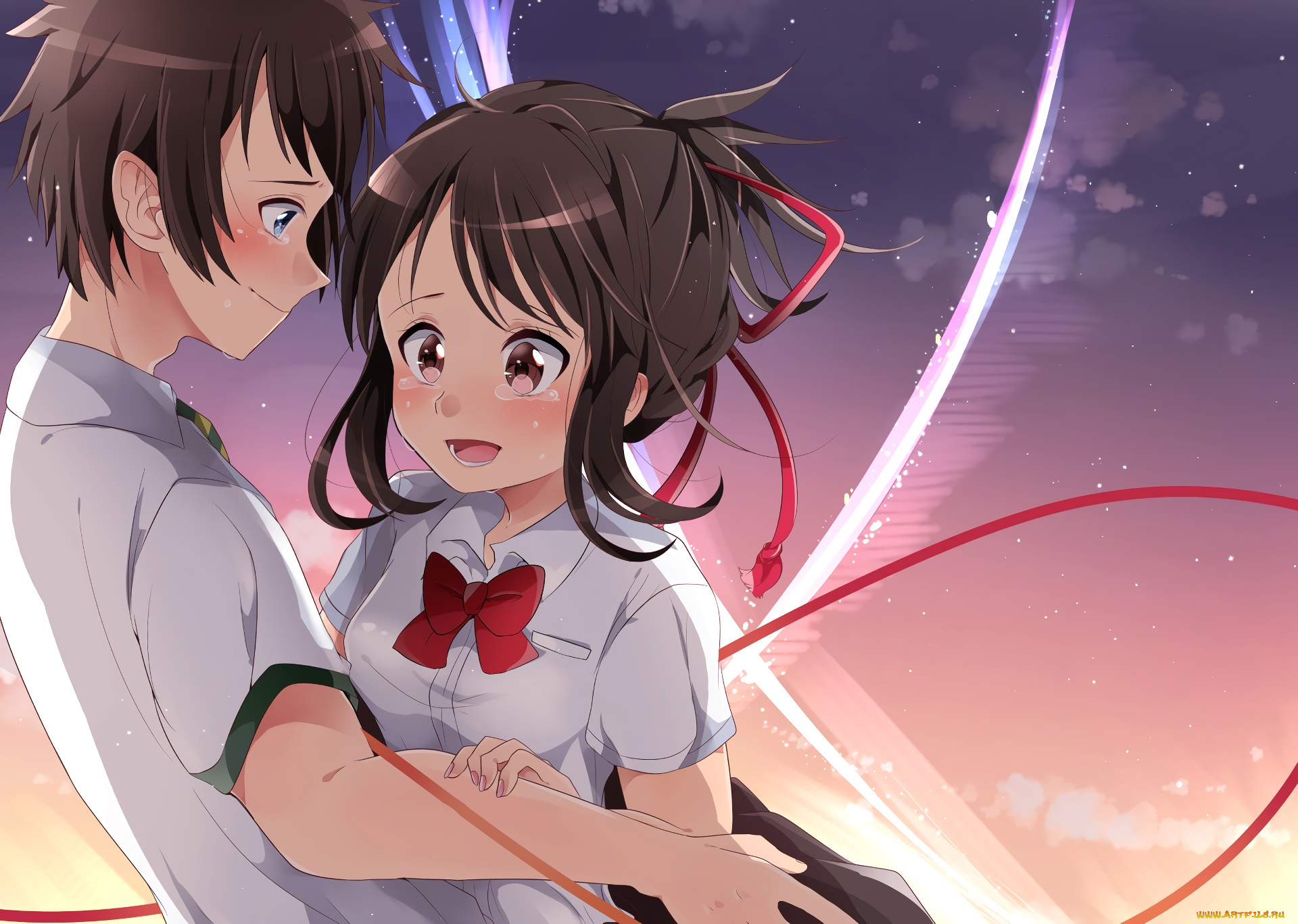 аниме, kimi, no, na, wa, парень, фон, взгляд, девушка