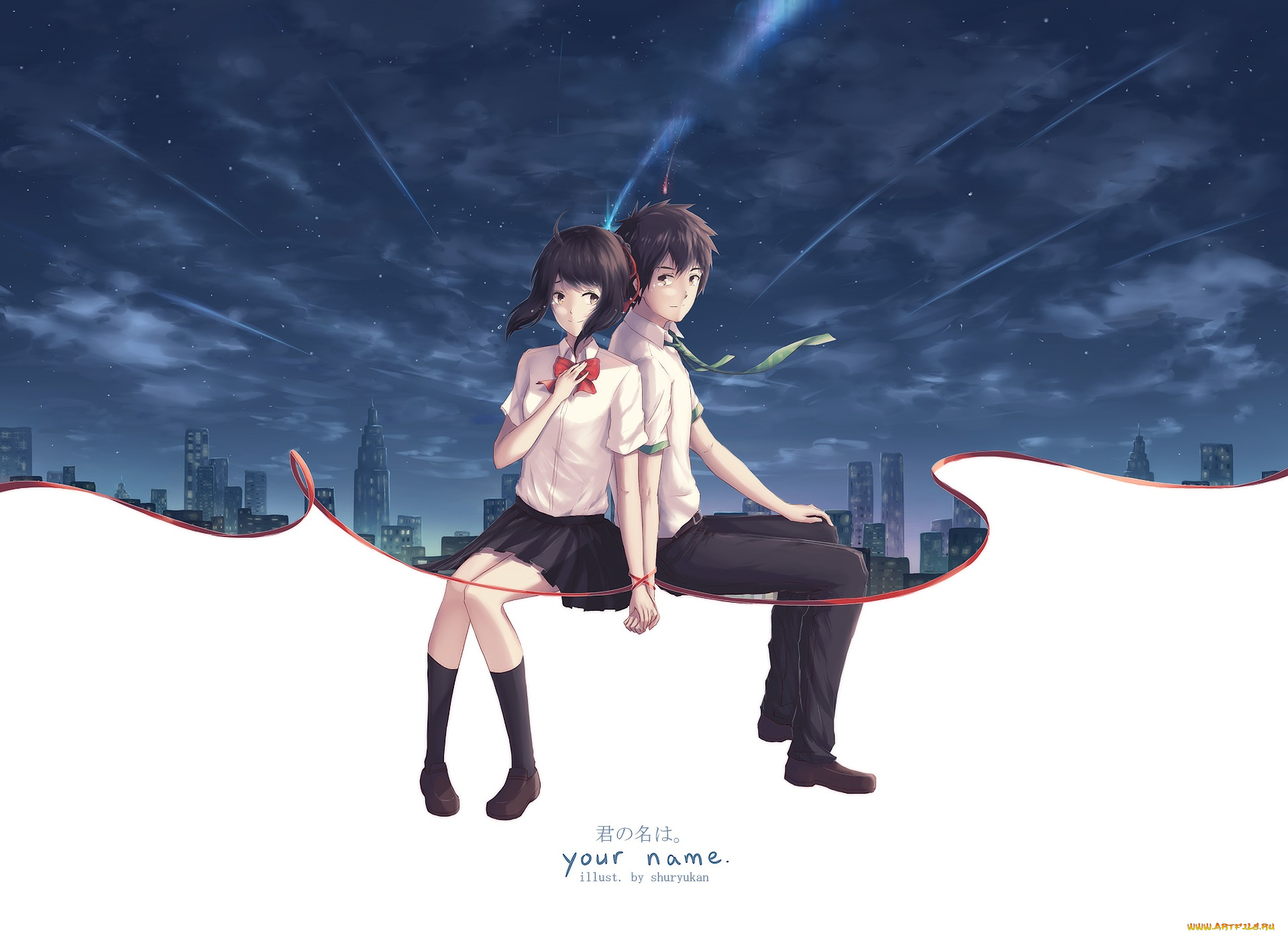 аниме, kimi, no, na, wa, фон, взгляд, девушка, парень