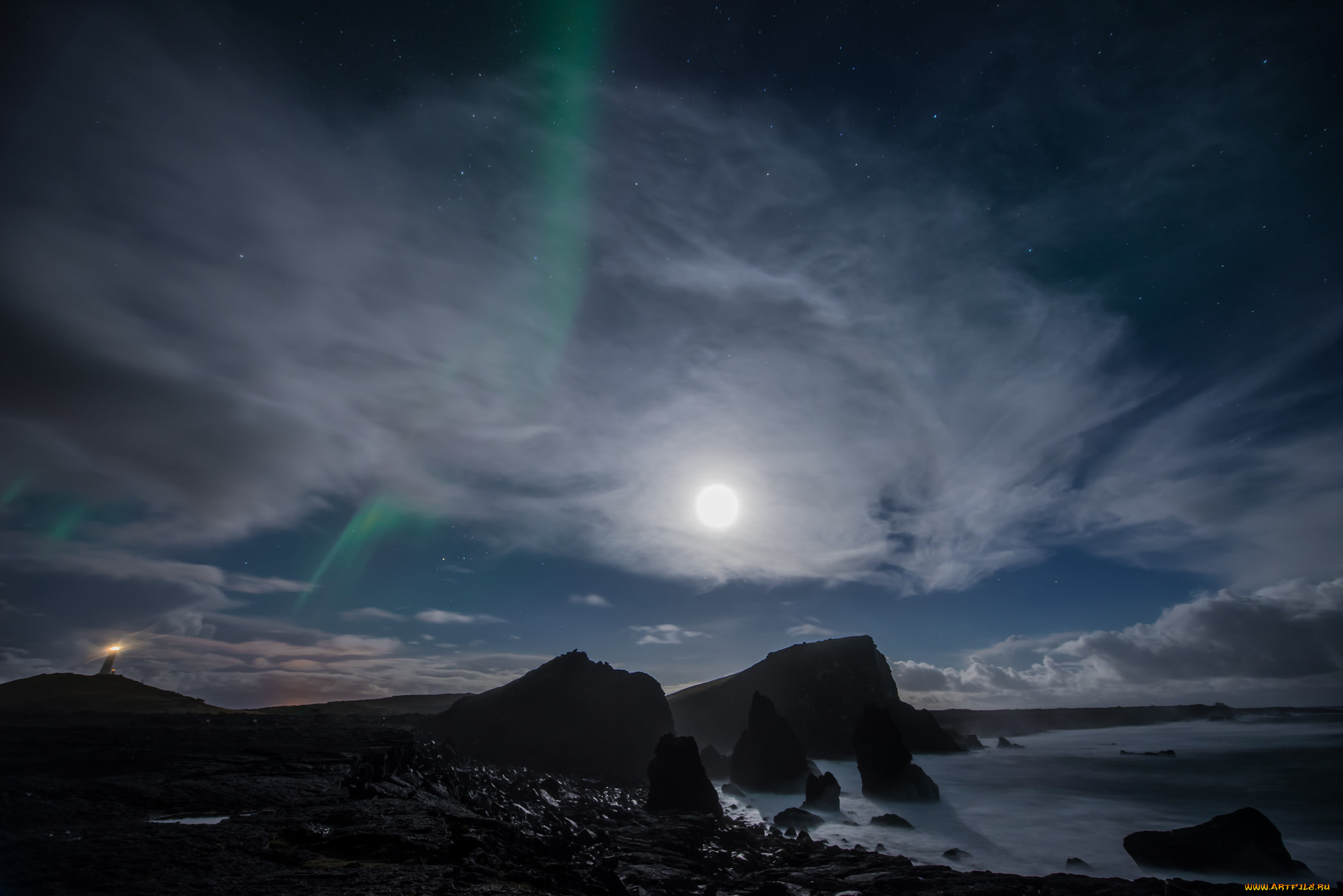 природа, северное, сияние, луна, северное, сияние