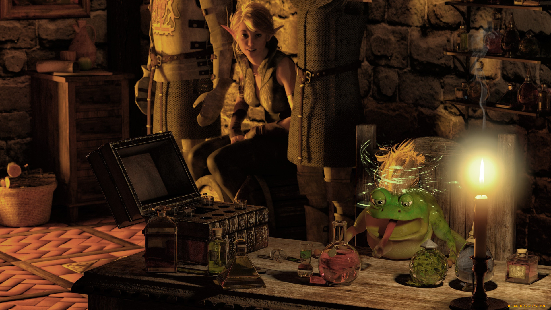 3д, графика, фантазия, , fantasy, колдунья, фон, взгляд, эльфийка