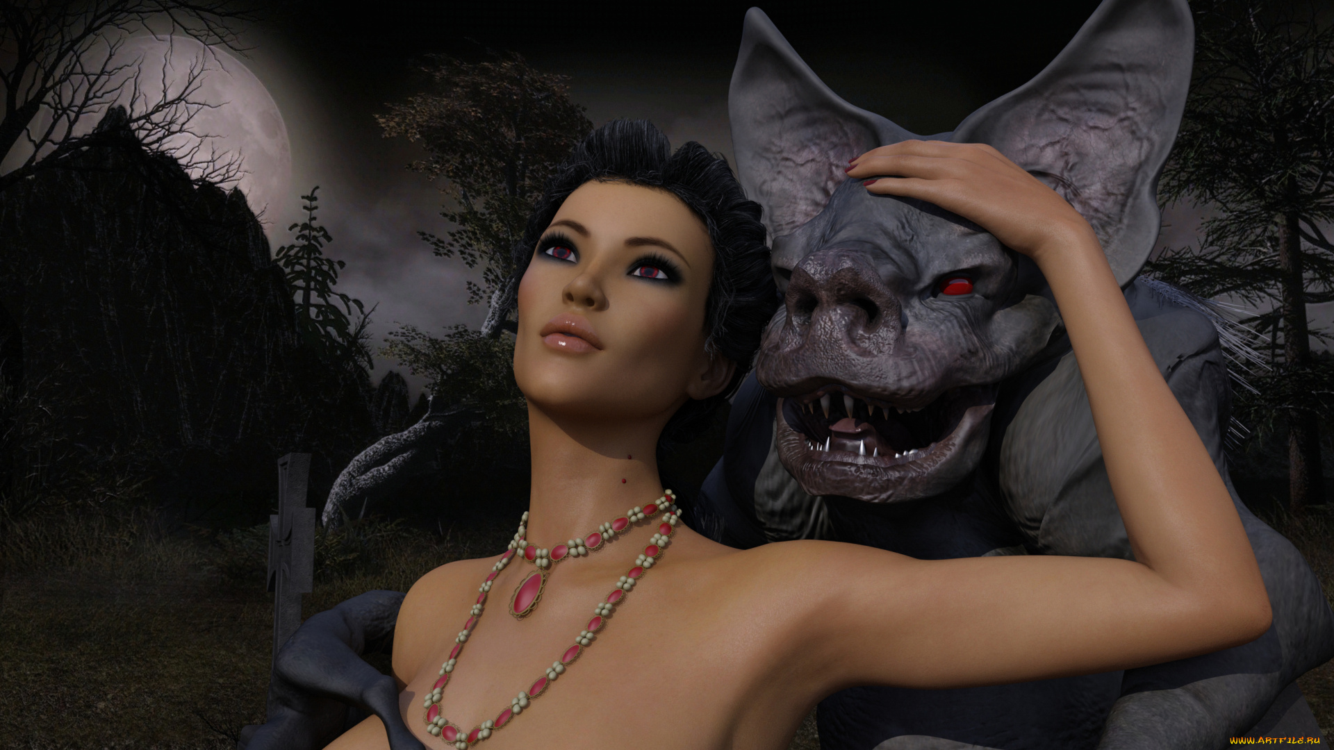 3д, графика, существа, , creatures, фон, взгляд, вампир, грудь, девушка