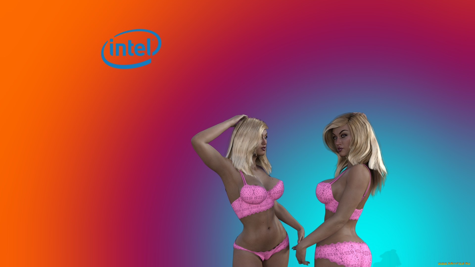 компьютеры, intel, девушки, взгляд, фон