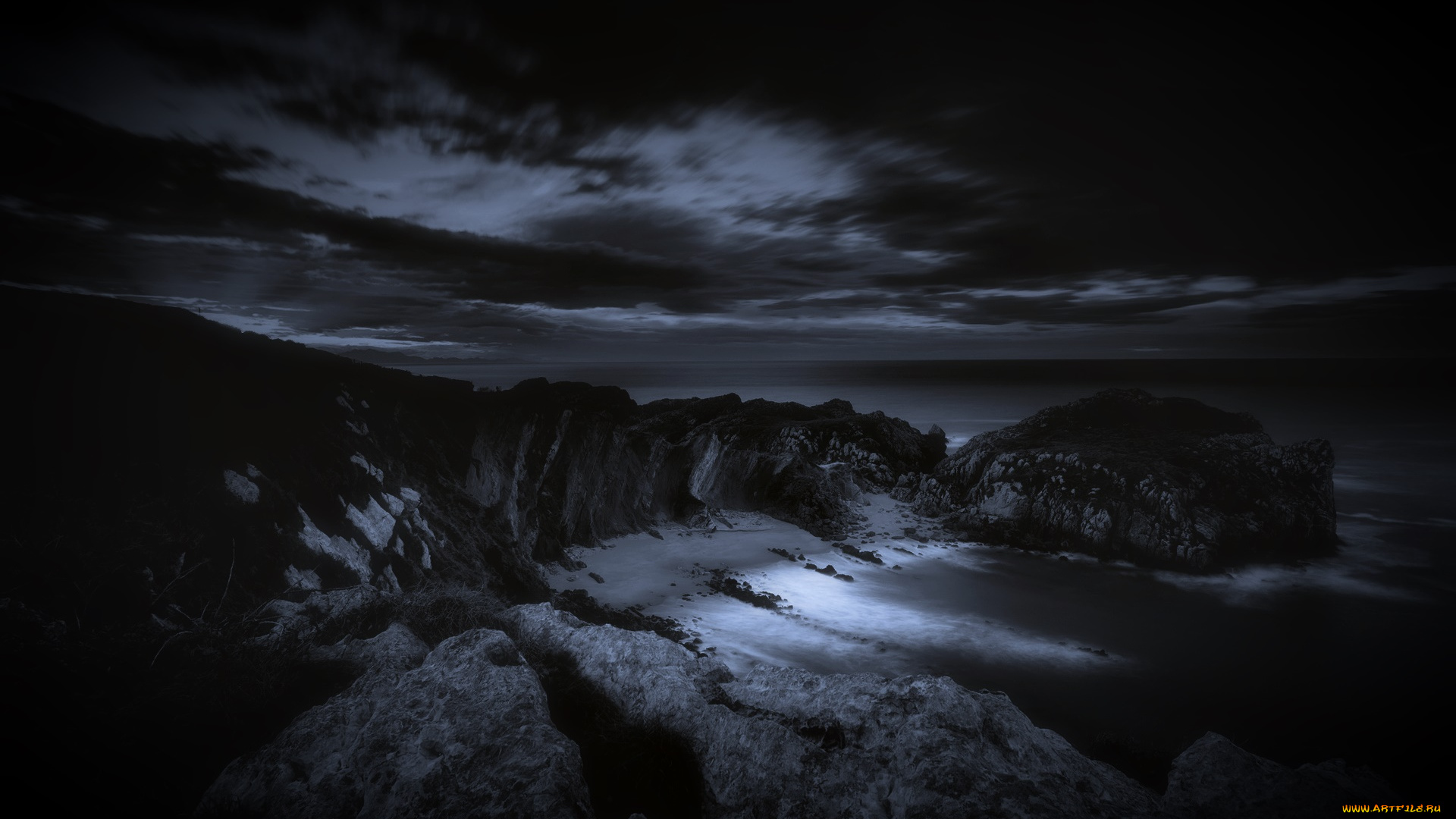 природа, побережье, море, камни, облака