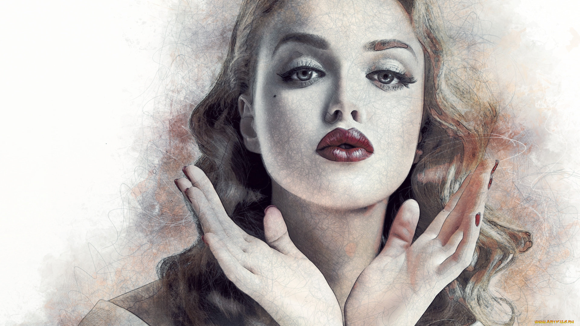 разное, компьютерный, дизайн, губы, арт, лицо, девушка, руки, портрет