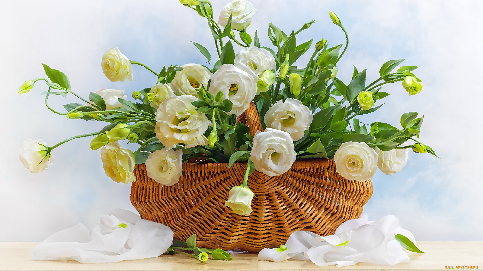 рисованное, цветы, эустома, корзина, букет