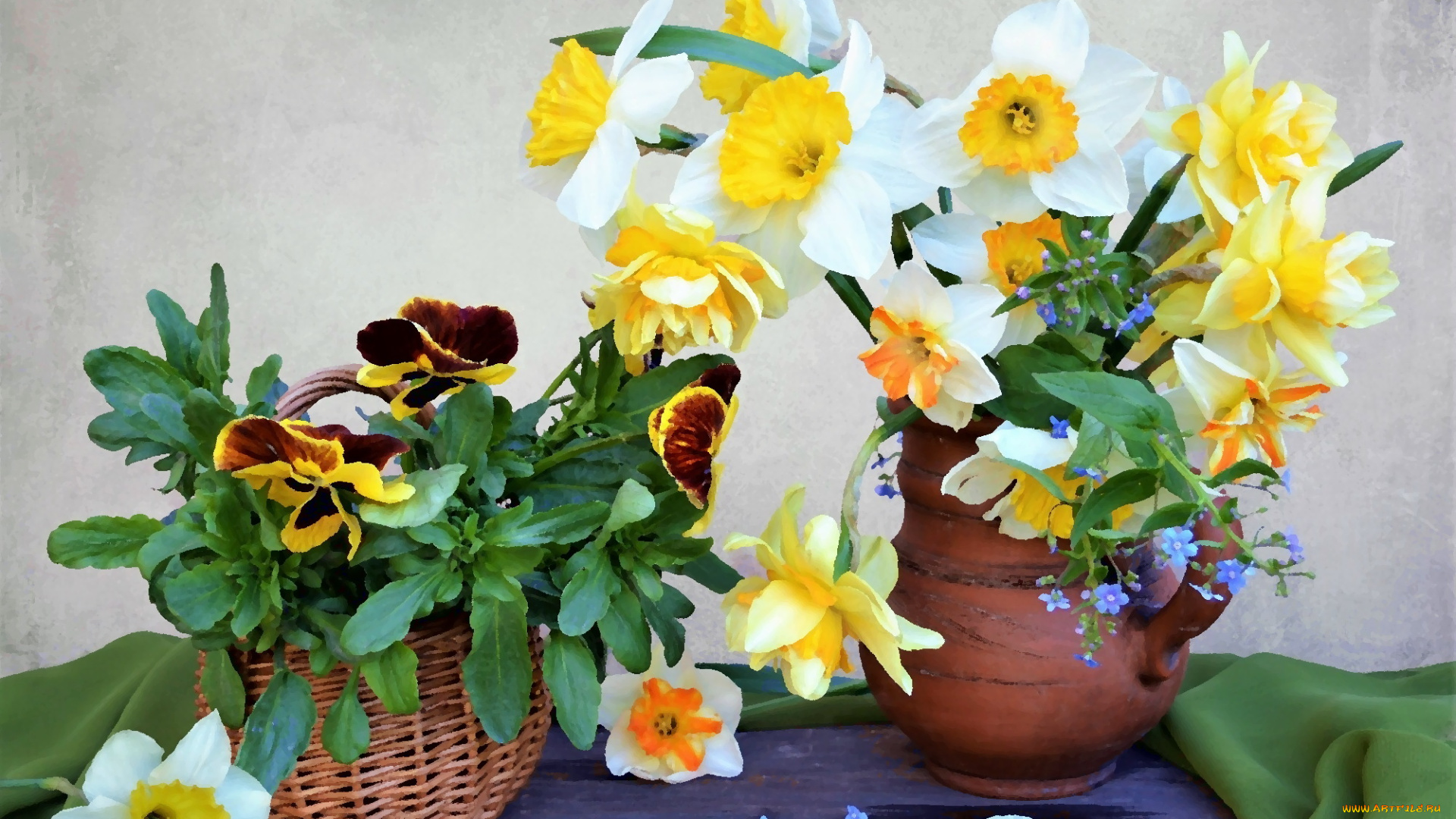 рисованное, цветы, весна, нарциссы, композиция, букет, бруннера, анютины, глазки