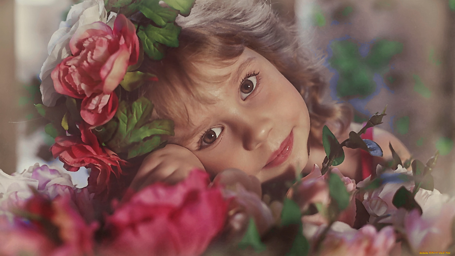 рисованное, дети, портрет, девочка, ребёнок, цветы