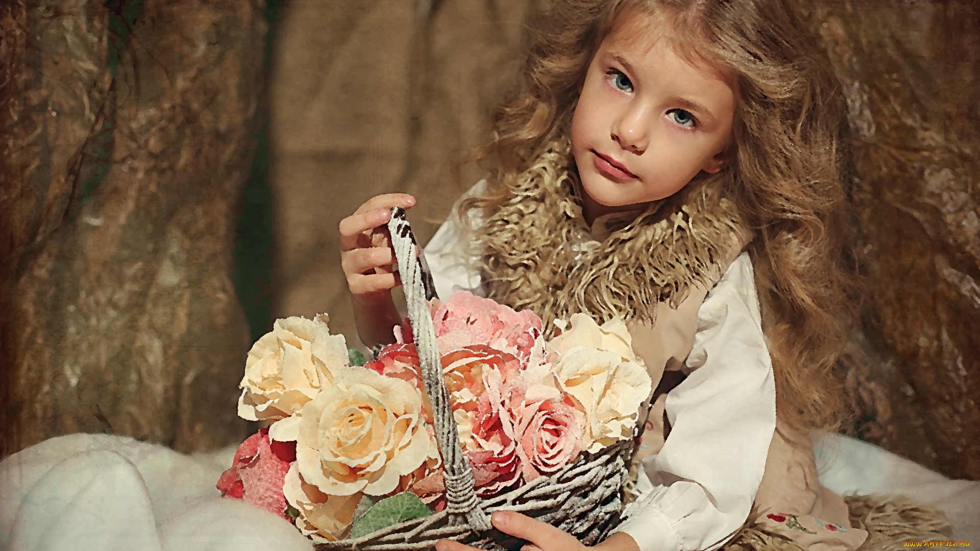рисованное, дети, розы, цветы, корзина, взгляд, локоны, русая, девочка, ребёнок