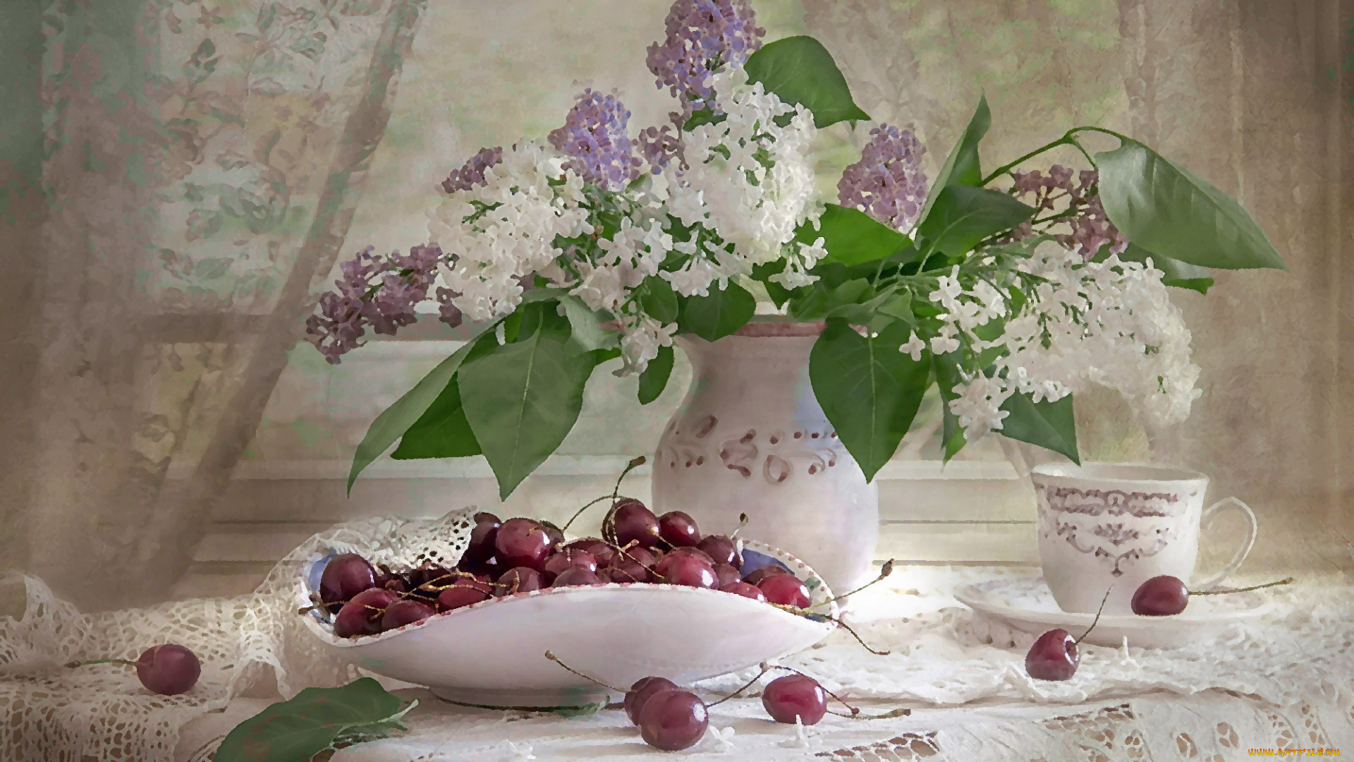 рисованное, еда, черешня, сирень, композиция