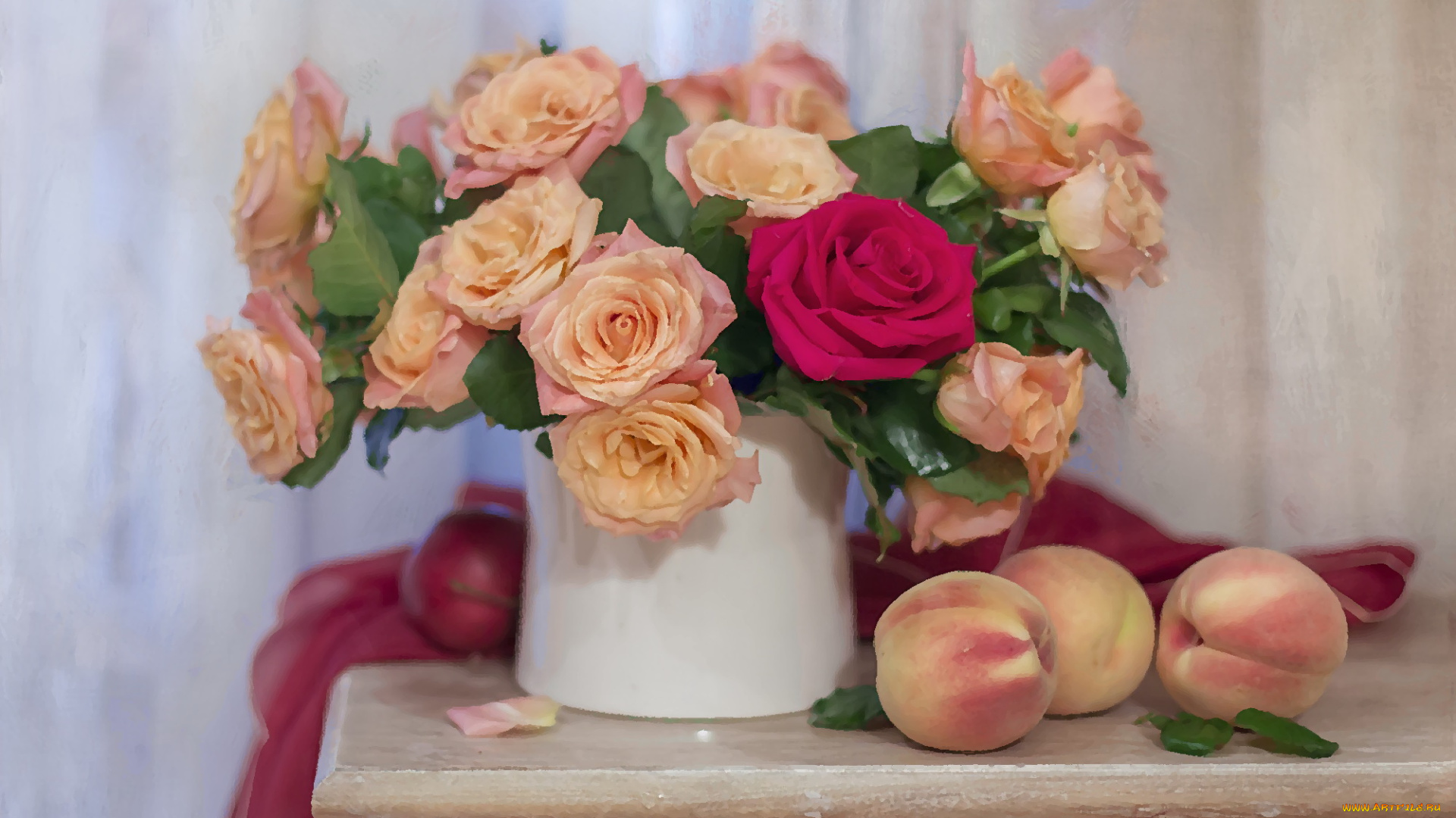 рисованное, еда, фрукты, персики, композиция, букет