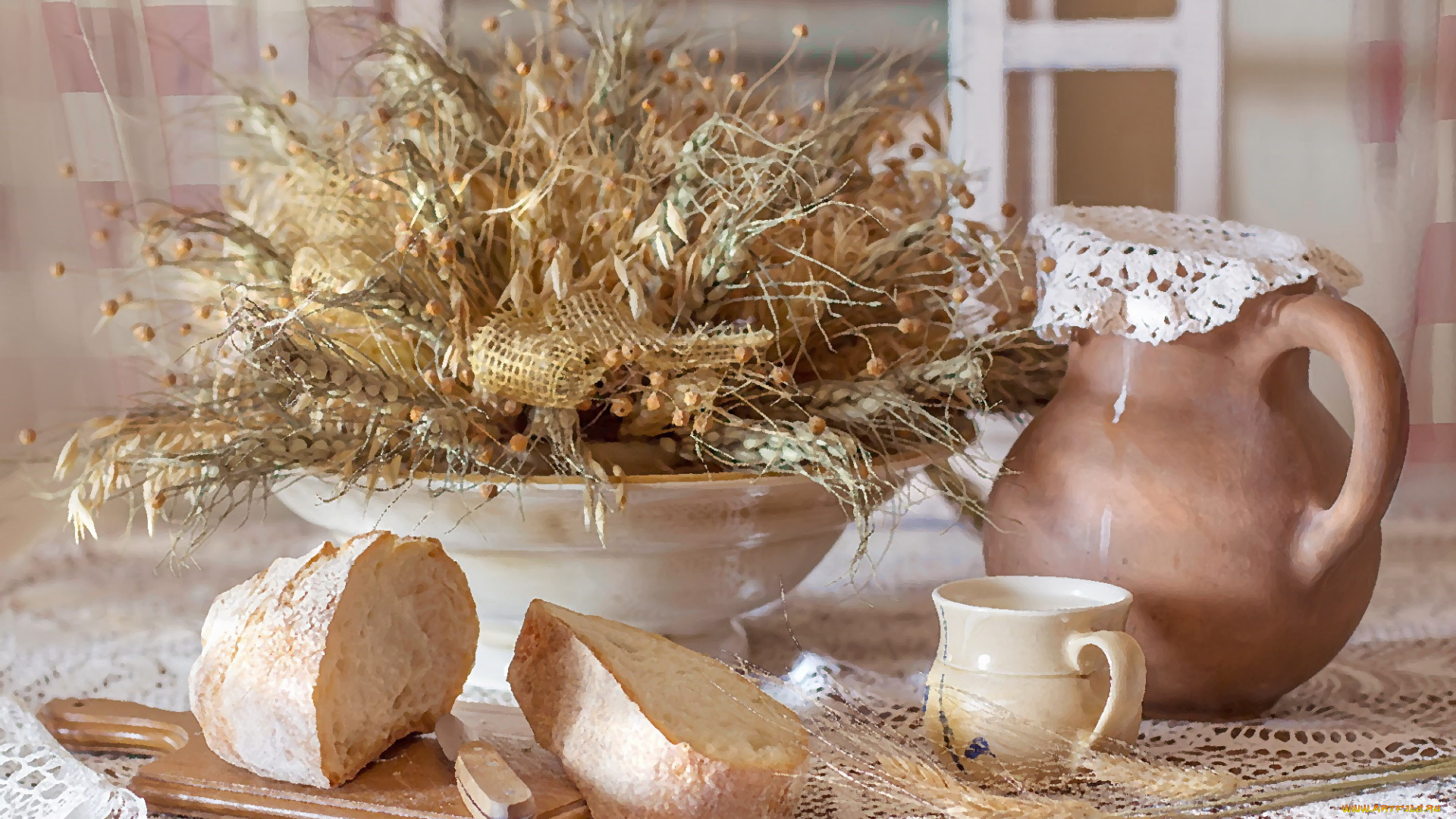 рисованное, еда, колоски, хлеб, кувшин, кружка, композиция