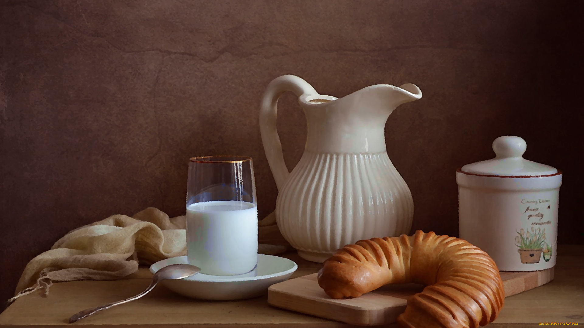 рисованное, еда, кувшин, завтрак, молоко, натюрморт, посуда, рогалик, хлеб