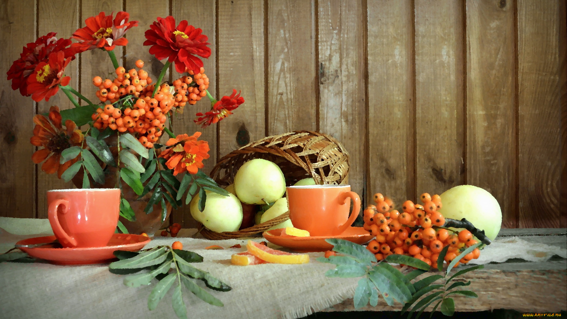 рисованное, еда, лето, яблоки, цинния, цветы, рябина, композиция