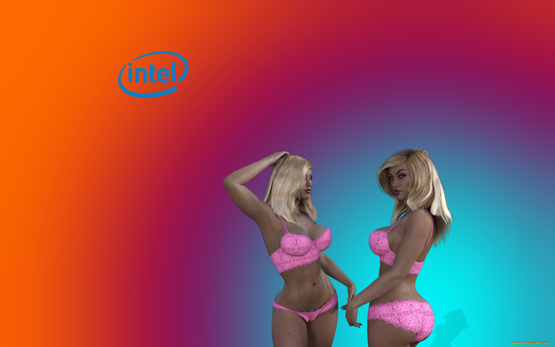 компьютеры, intel, девушки, взгляд, фон