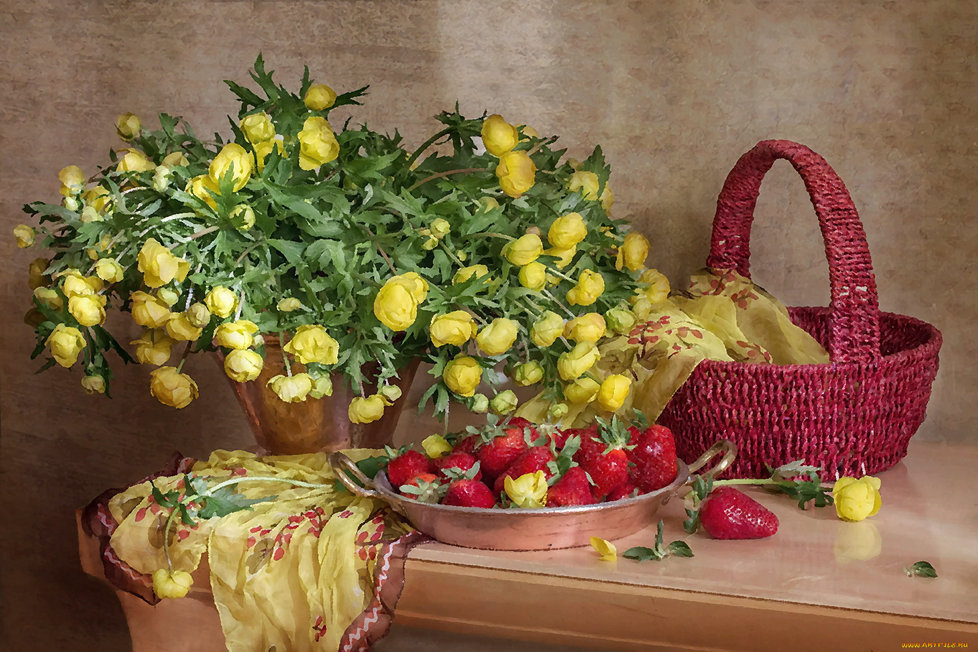 рисованное, еда, калужница, композиция, клубника
