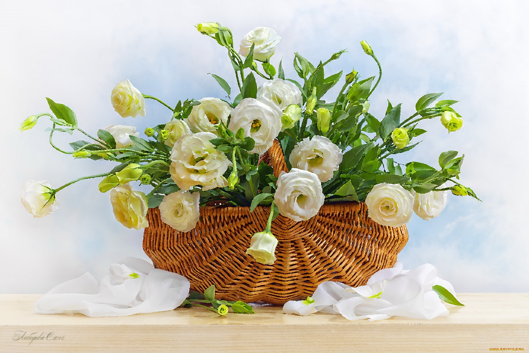 рисованное, цветы, эустома, корзина, букет