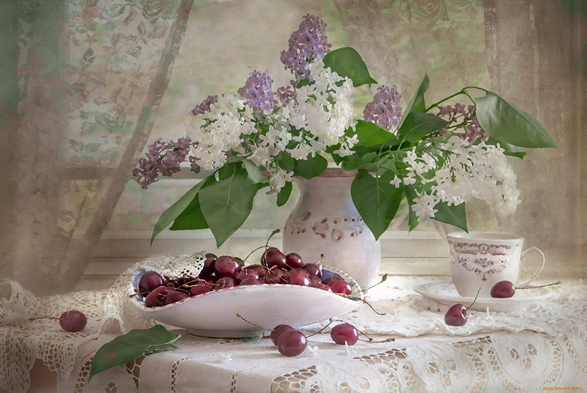 рисованное, еда, черешня, сирень, композиция