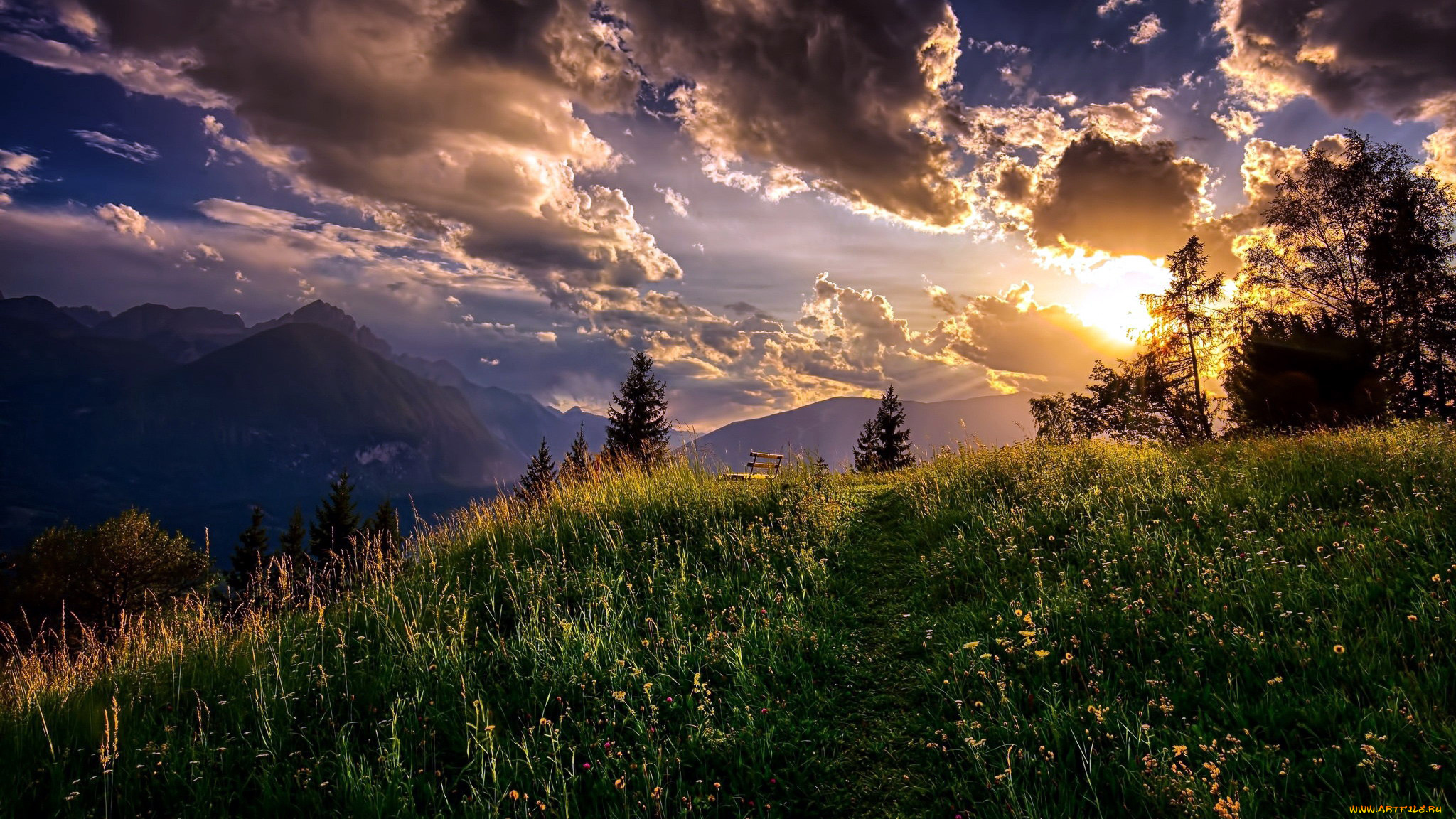 природа, луга, облака, луг, горы