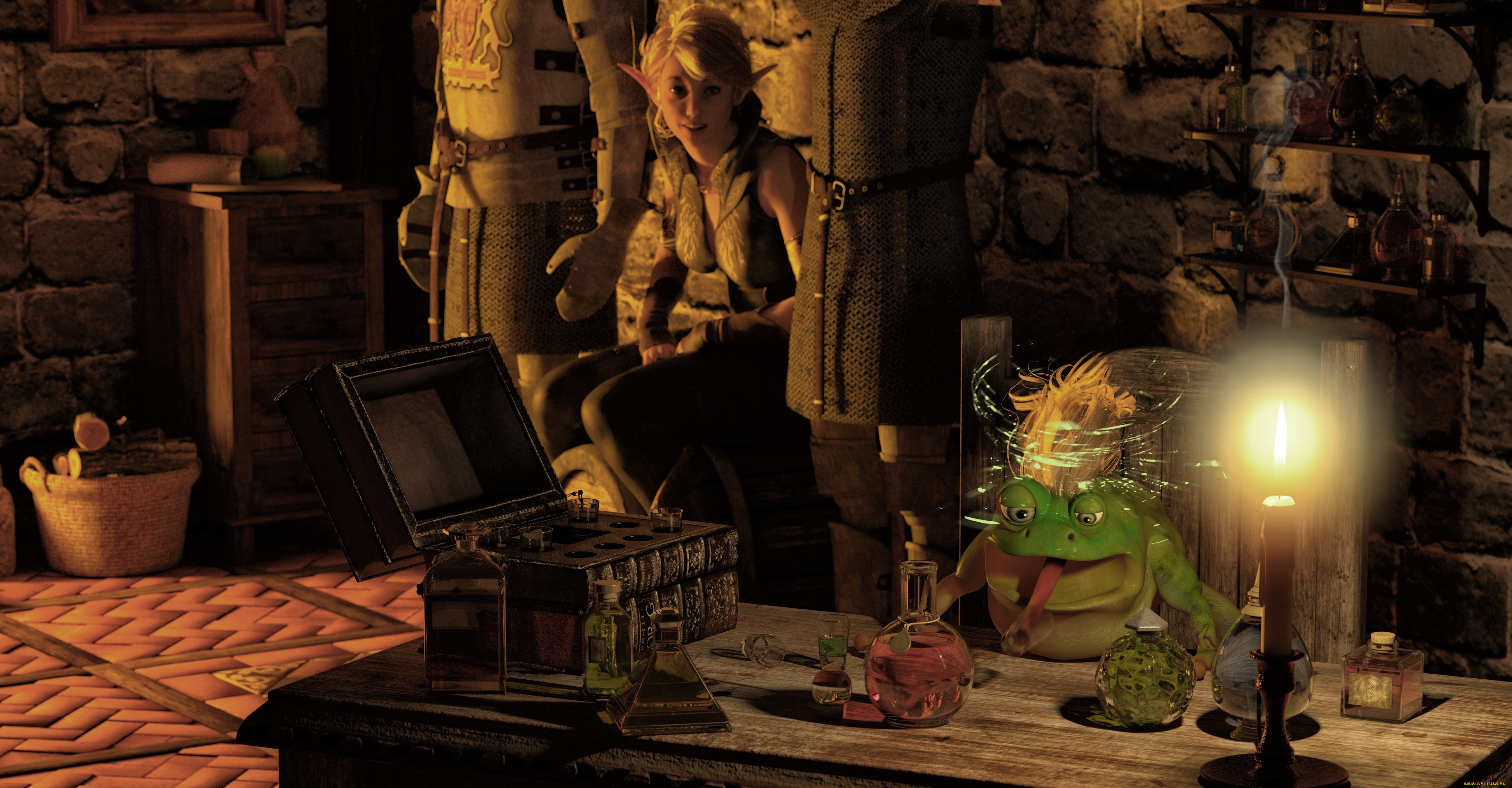 3д, графика, фантазия, , fantasy, колдунья, фон, взгляд, эльфийка