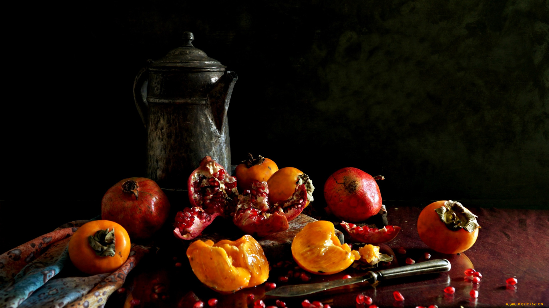 еда, натюрморт, гранат, хурма