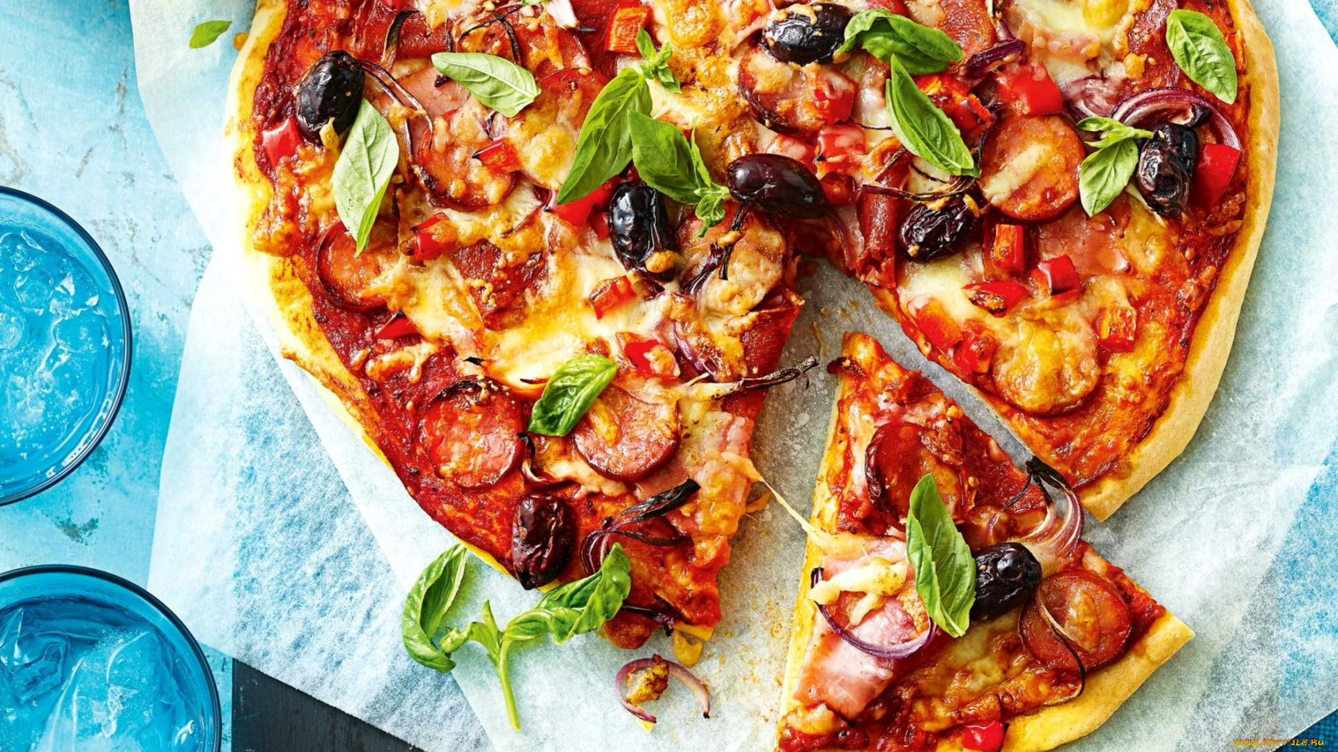 еда, пицца, перец, колбаса