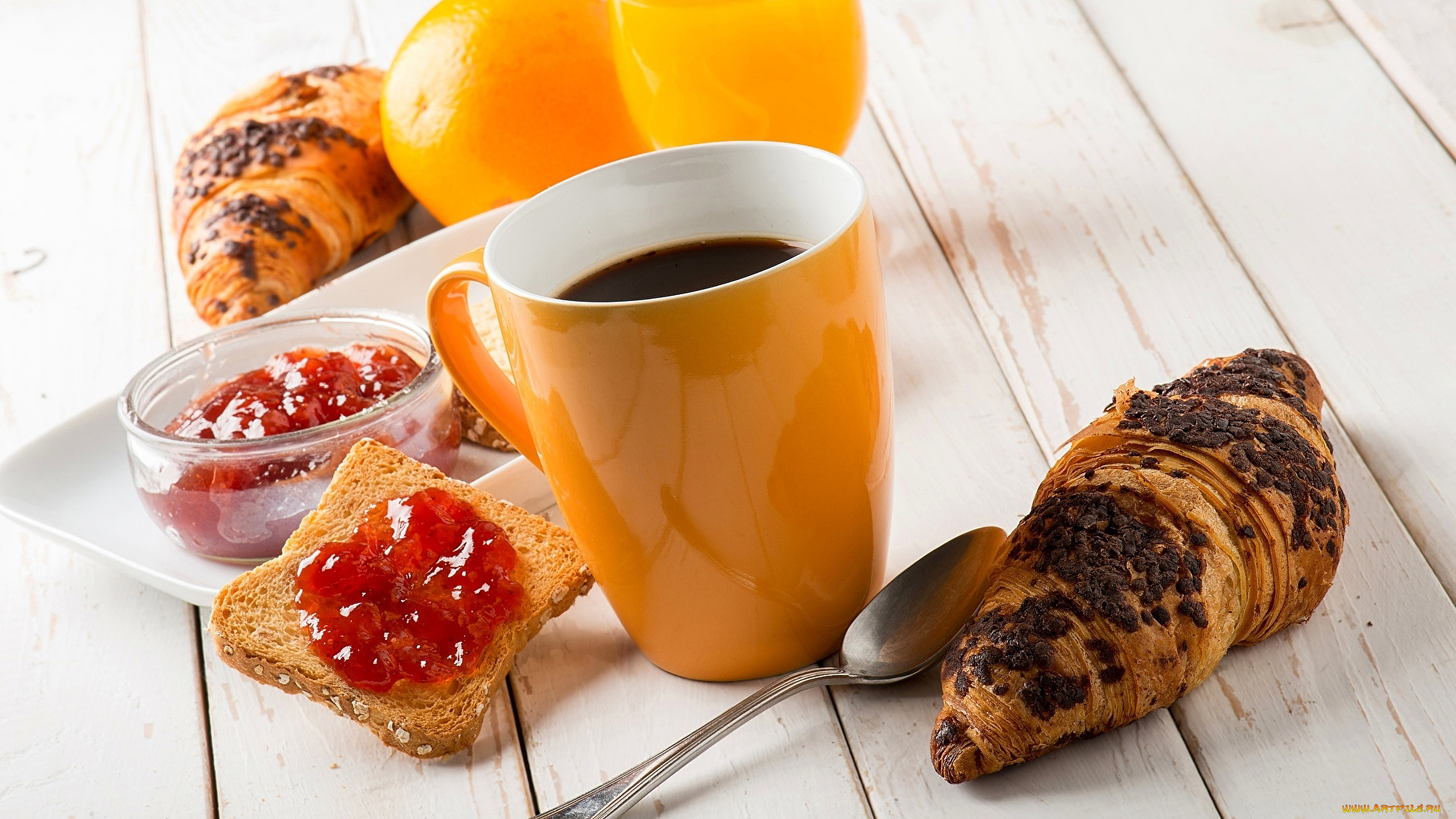 еда, разное, апельсин, круассан, кофе, джем, завтрак