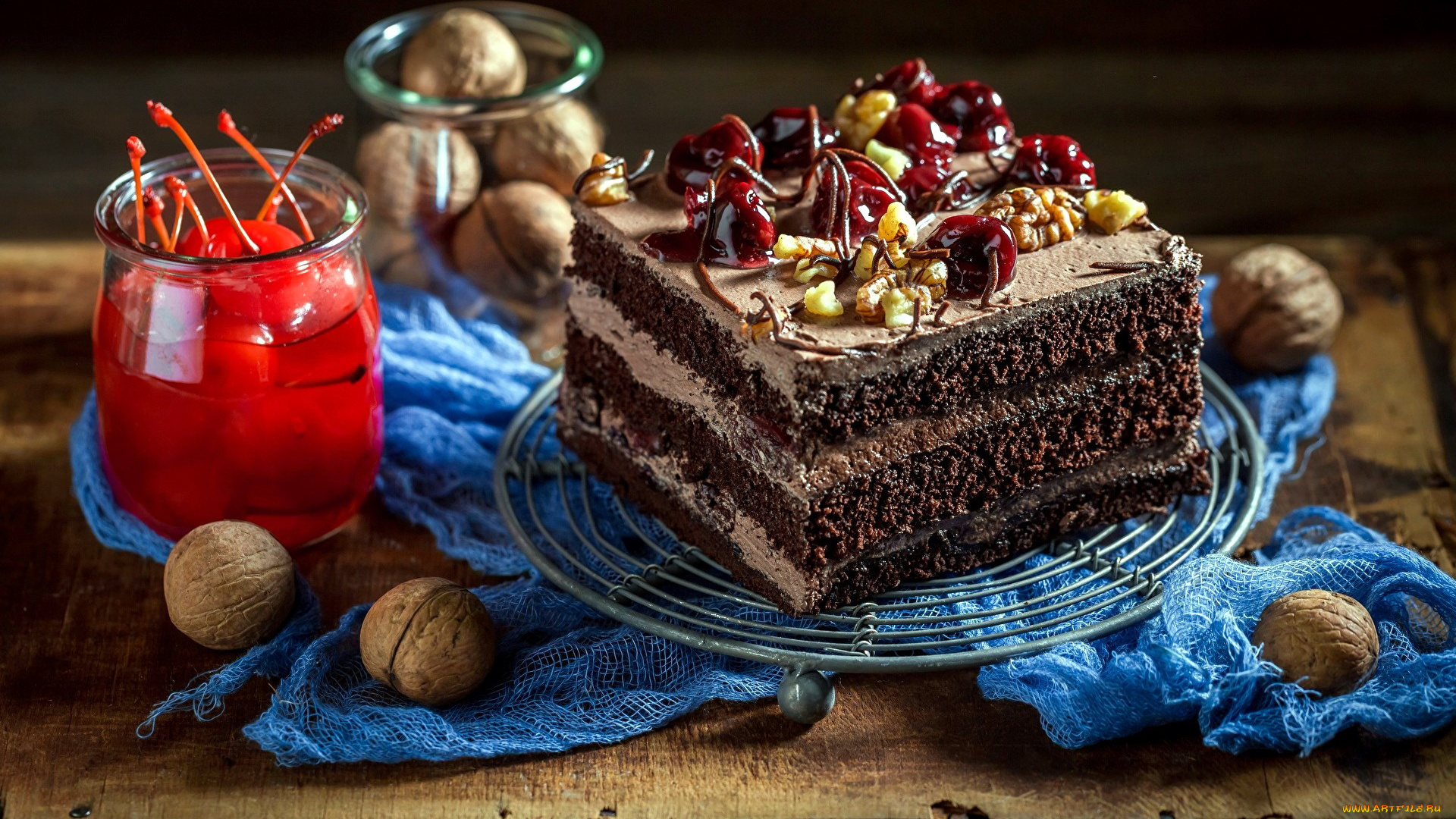 еда, торты, торт, вишни, орехи