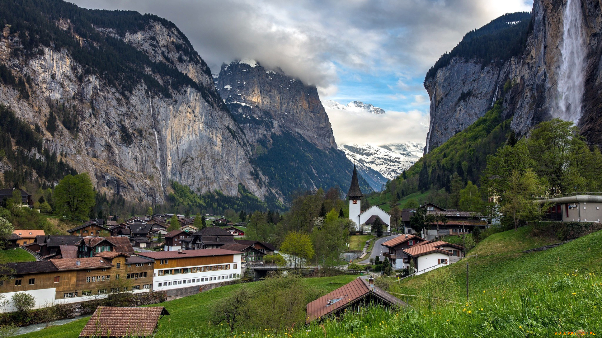 города, -, пейзажи, облака, городок, горы