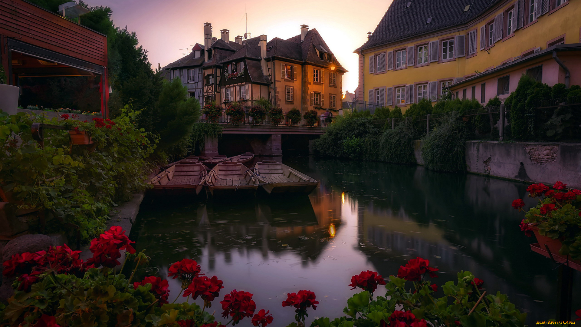 города, кольмар, , франция, лодки, канал, цветы