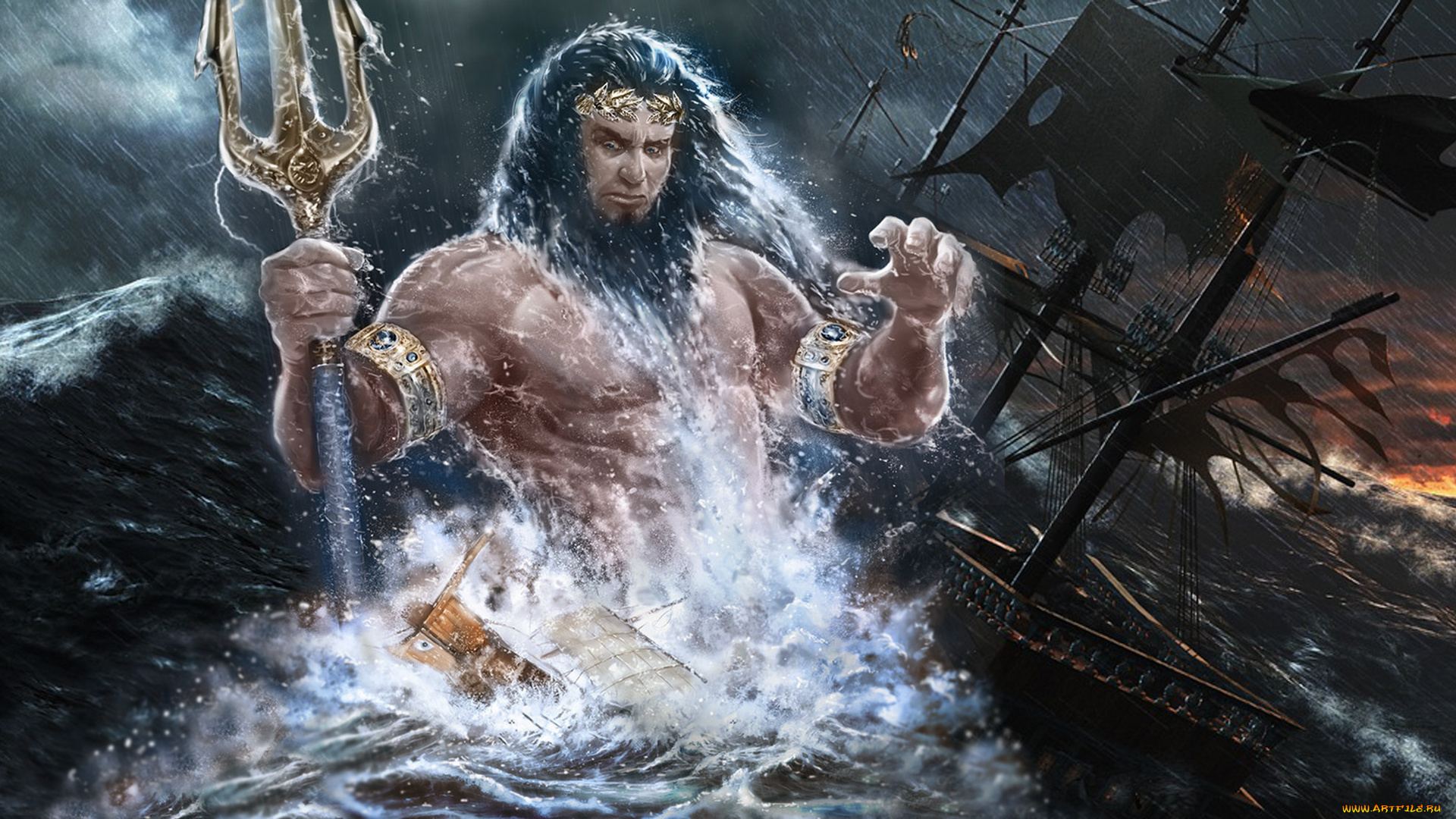 поседон, фэнтези, русалки, коробли, гроза, шторм, море, нептун