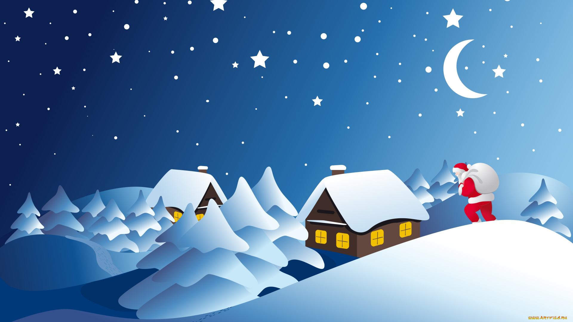 праздничные, векторная, графика, , новый, год, дед, мороз, зима, ели, снег, природа, дома