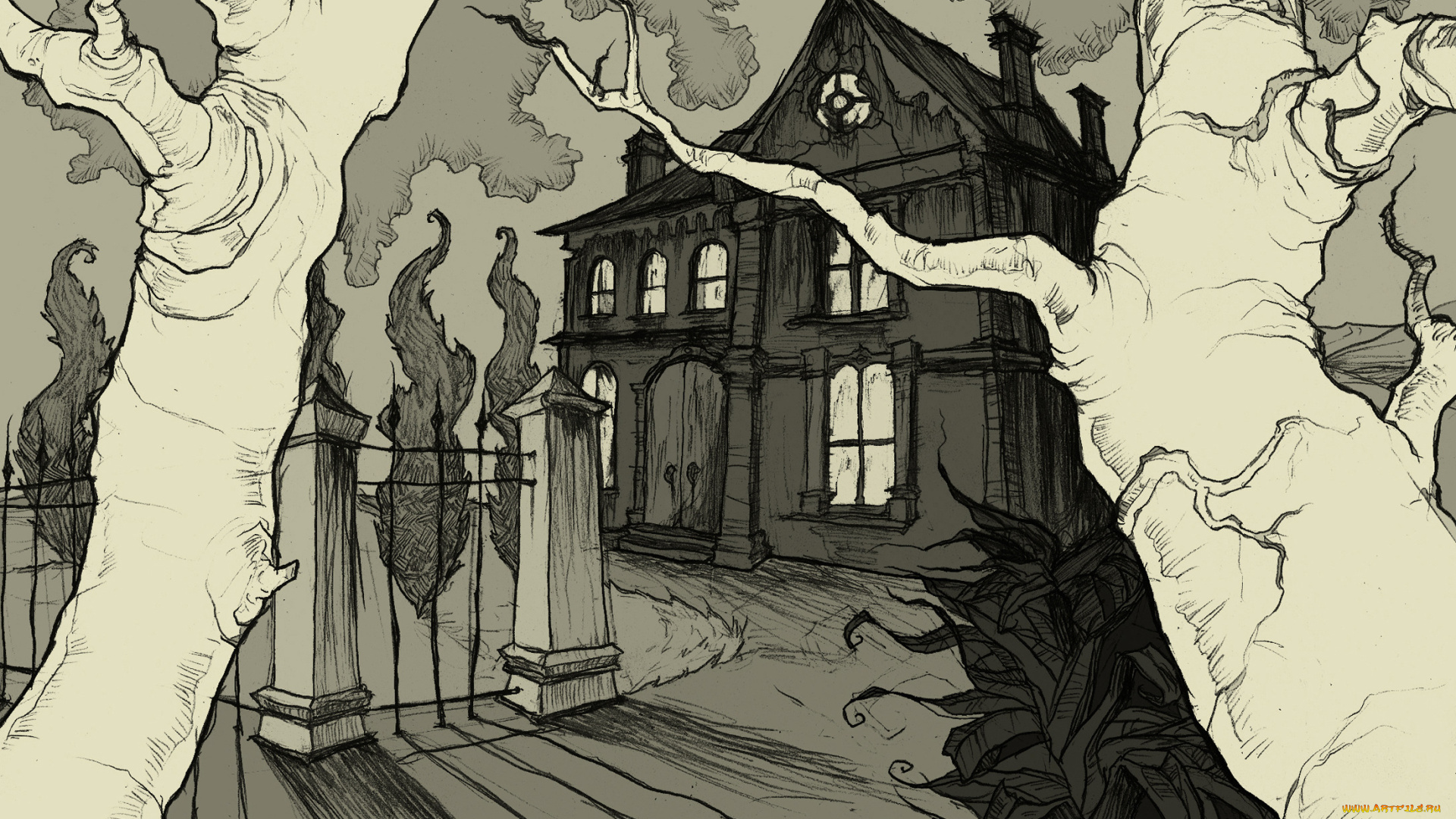 рисованное, города, деревья, дом, ограда