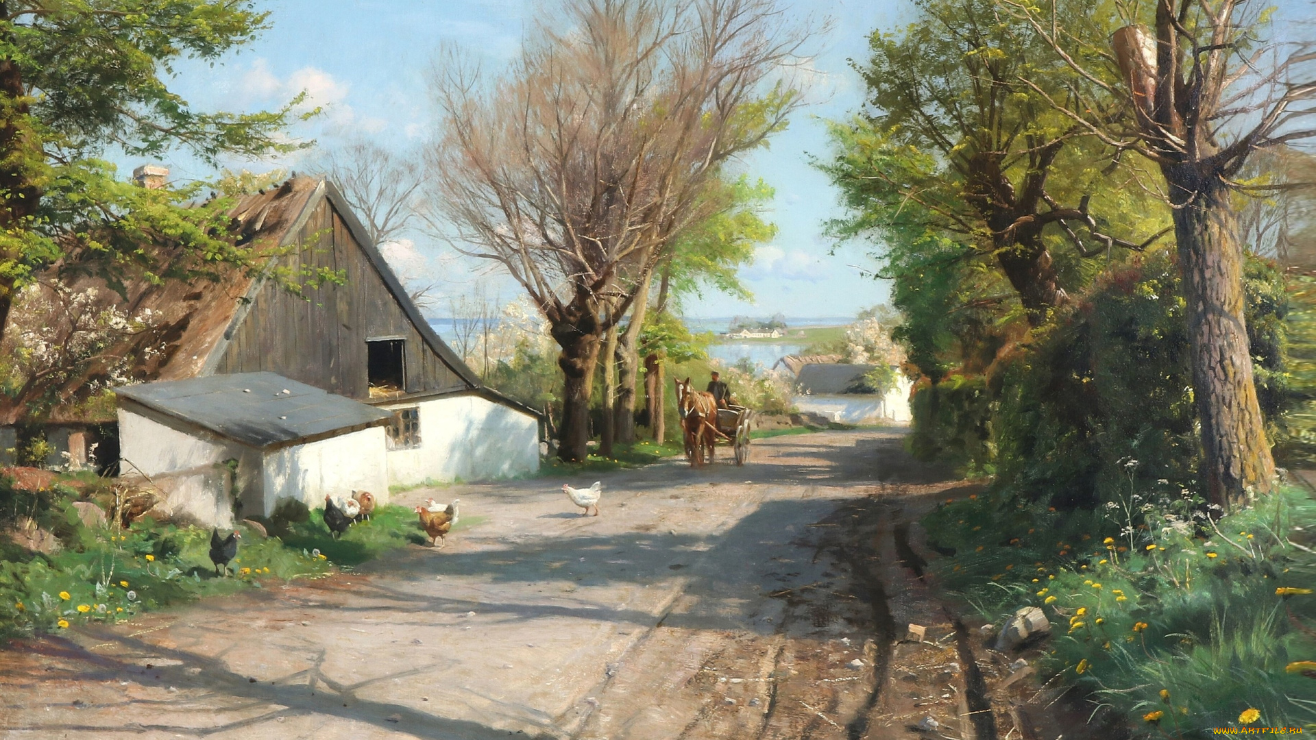 рисованное, живопись, a, spring, morning, in, the, village, danish, realist, painter, overlooking, roskilde, fjord, весеннее, утро, в, деревне, с, видом, на, роскилле-фьорд, петер, мёрк, мёнстед, датский, живописец, 1921, peder, mоrk, mоnsted