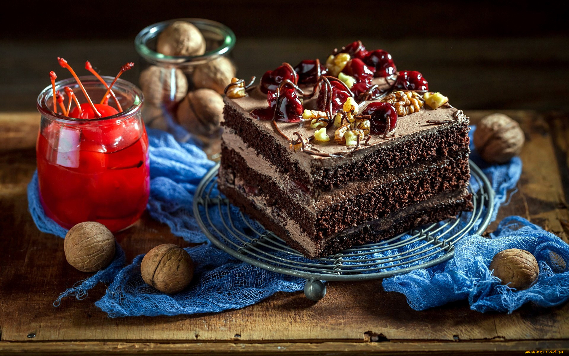 еда, торты, торт, вишни, орехи