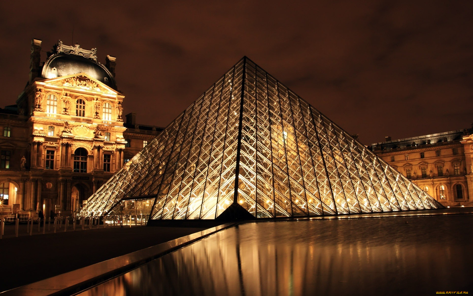 города, париж, , франция, лувр, огни, пирамида