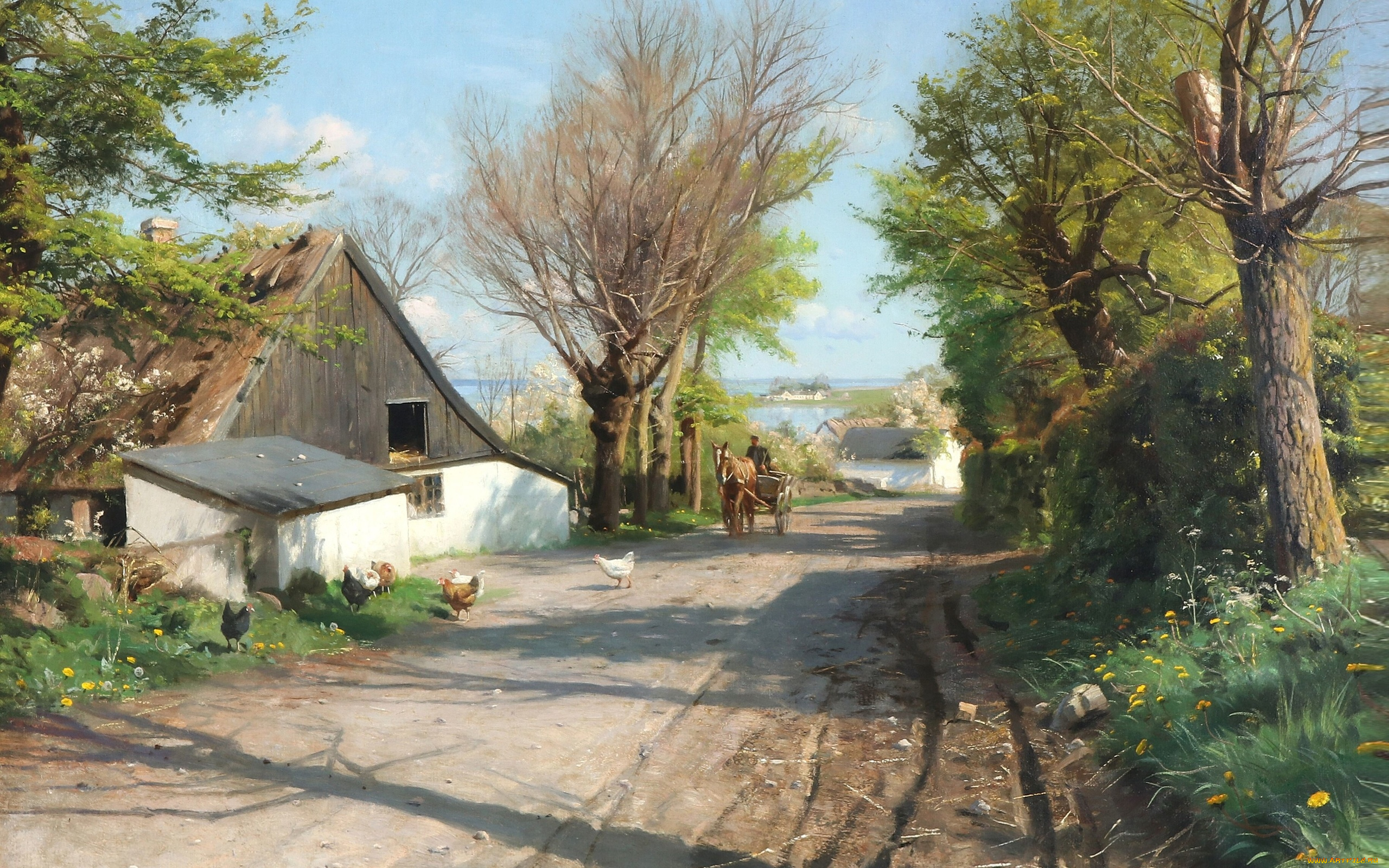 рисованное, живопись, a, spring, morning, in, the, village, danish, realist, painter, overlooking, roskilde, fjord, весеннее, утро, в, деревне, с, видом, на, роскилле-фьорд, петер, мёрк, мёнстед, датский, живописец, 1921, peder, mоrk, mоnsted