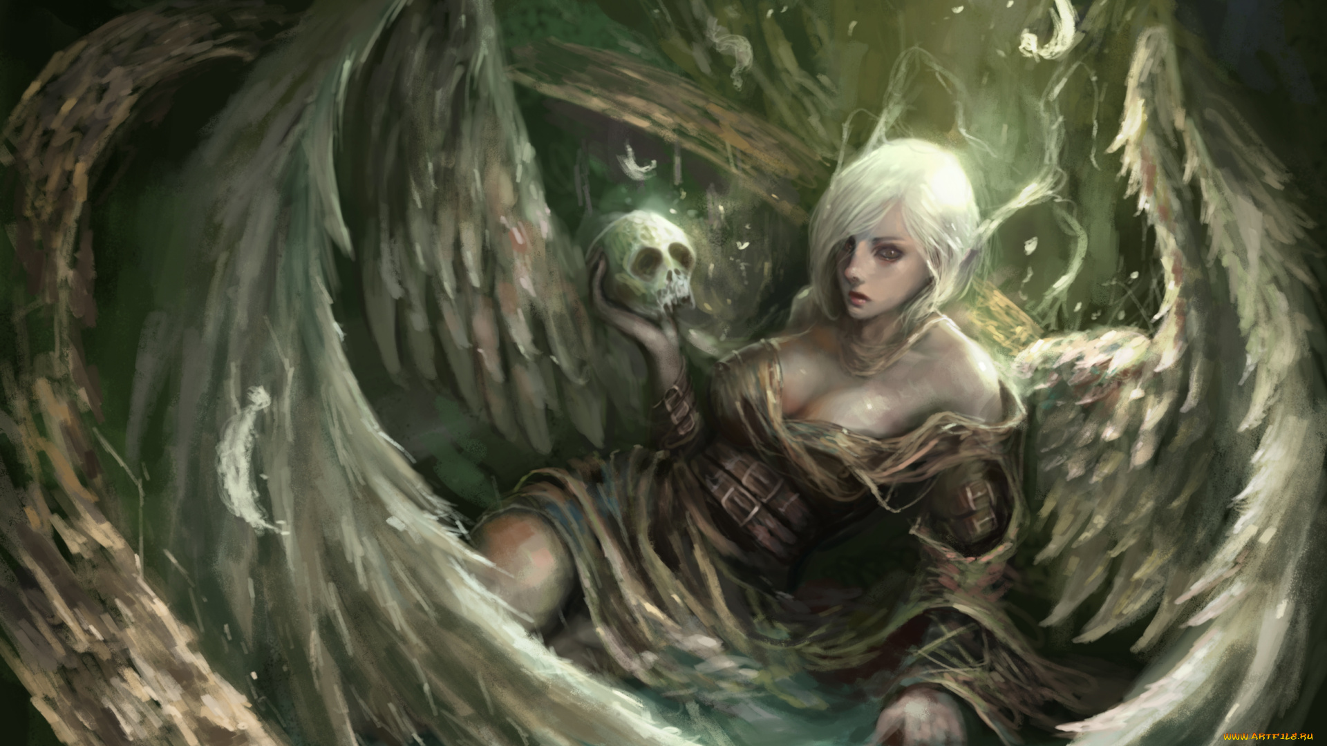 фэнтези, ангелы, череп, крылья, фон, девушка