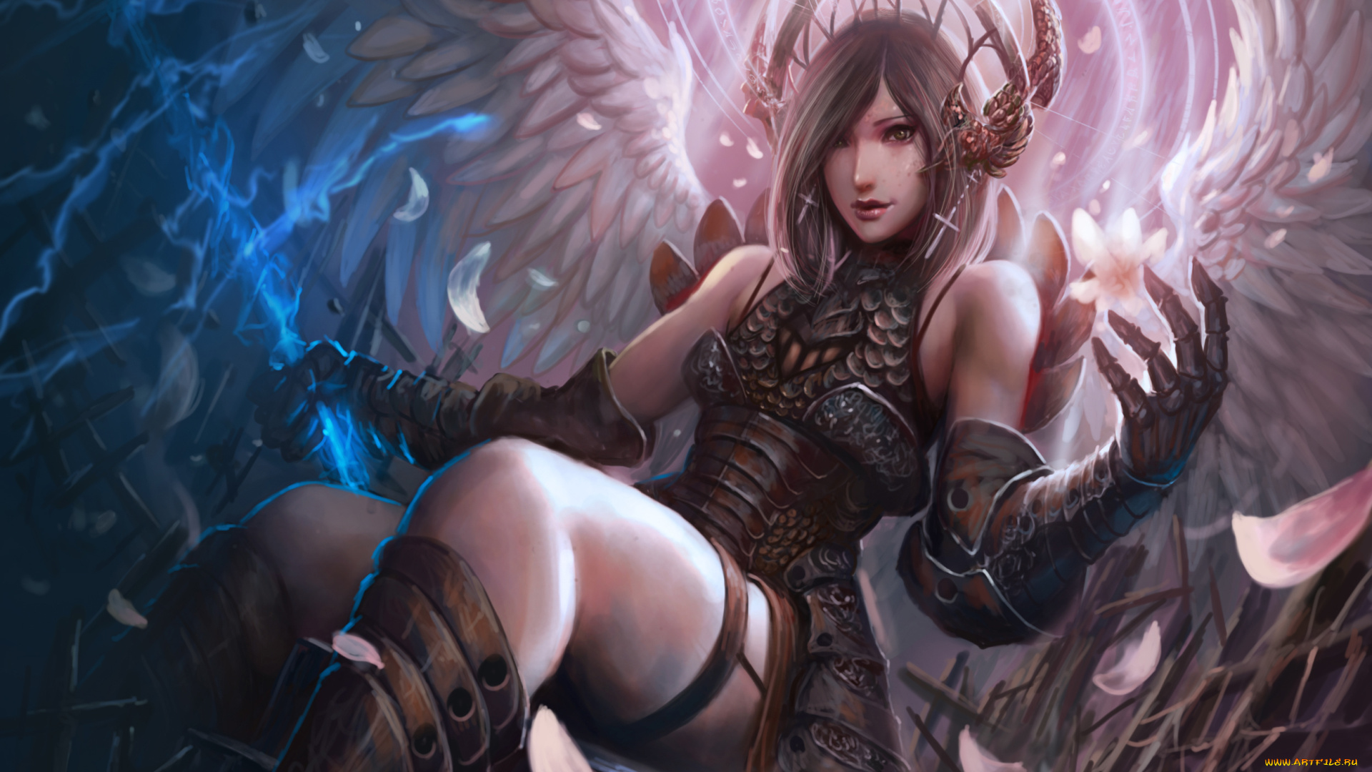 фэнтези, ангелы, девушка, фон, взгляд, нимб, крылья