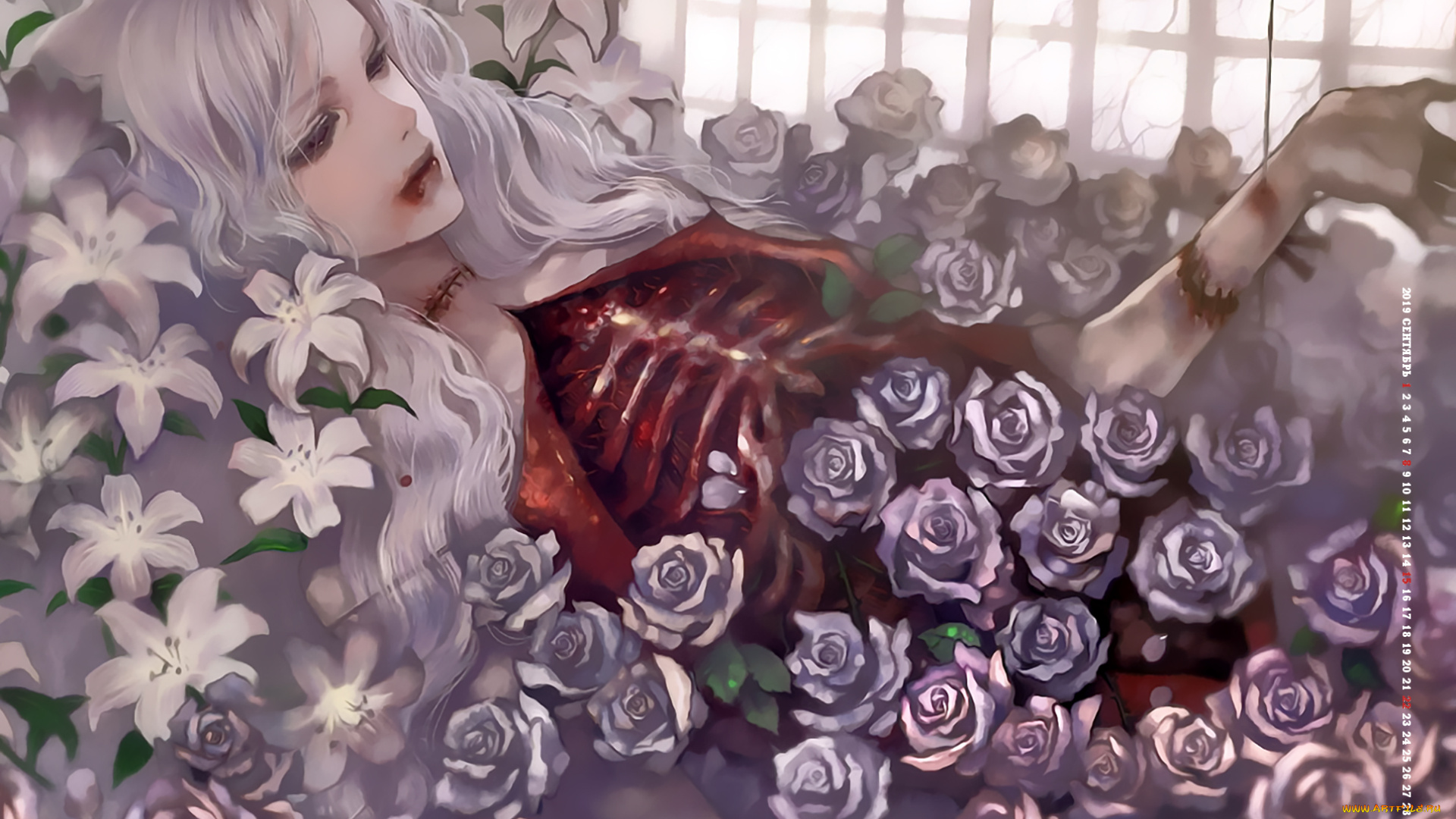 календари, фэнтези, 2019, calendar, смерть, цветы, девушка, кровь, скелет