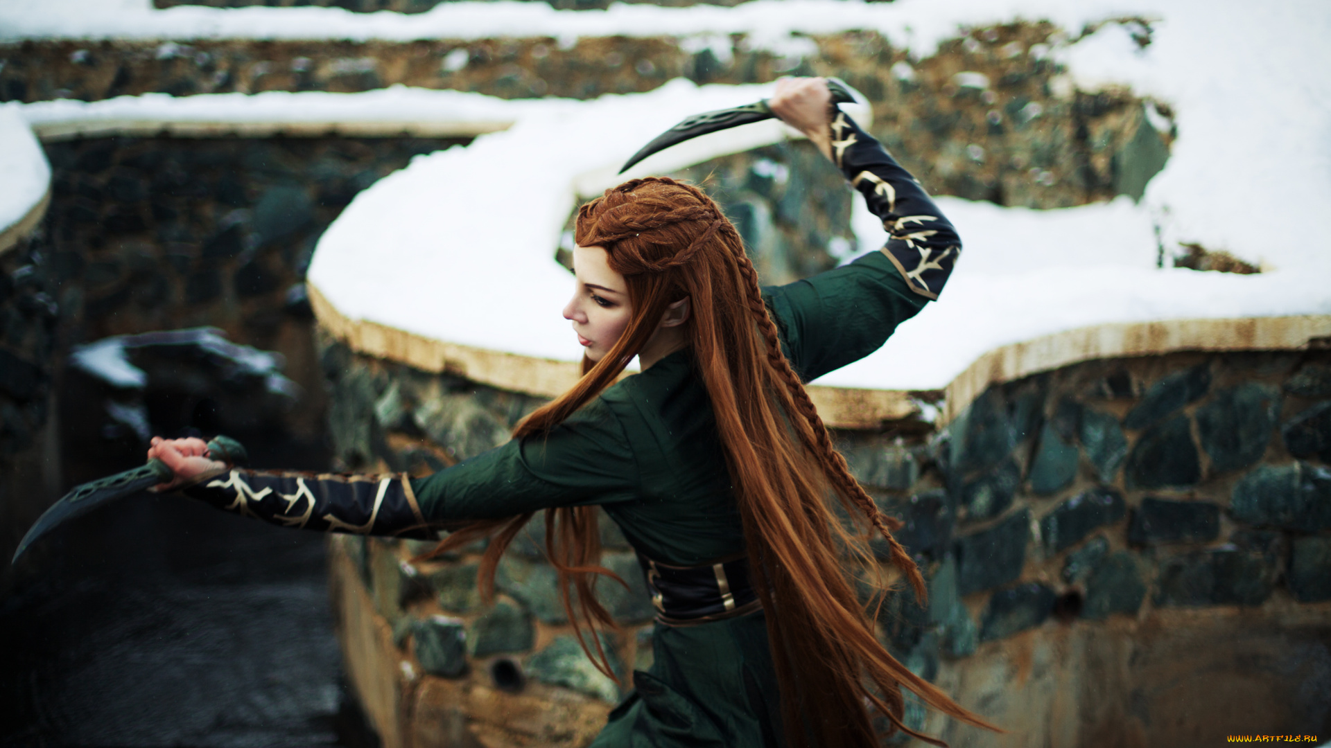 разное, cosplay, , косплей, ножи, эльф, девушка, стены, снег, платье, julia, korobeinikova