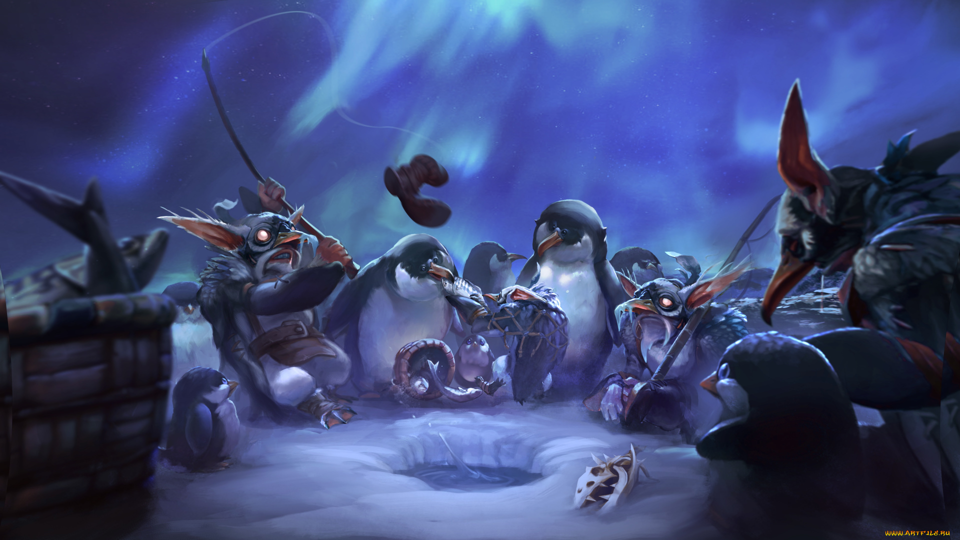 видео, игры, dota, 2, существа, пингвины, рыбалка, фон
