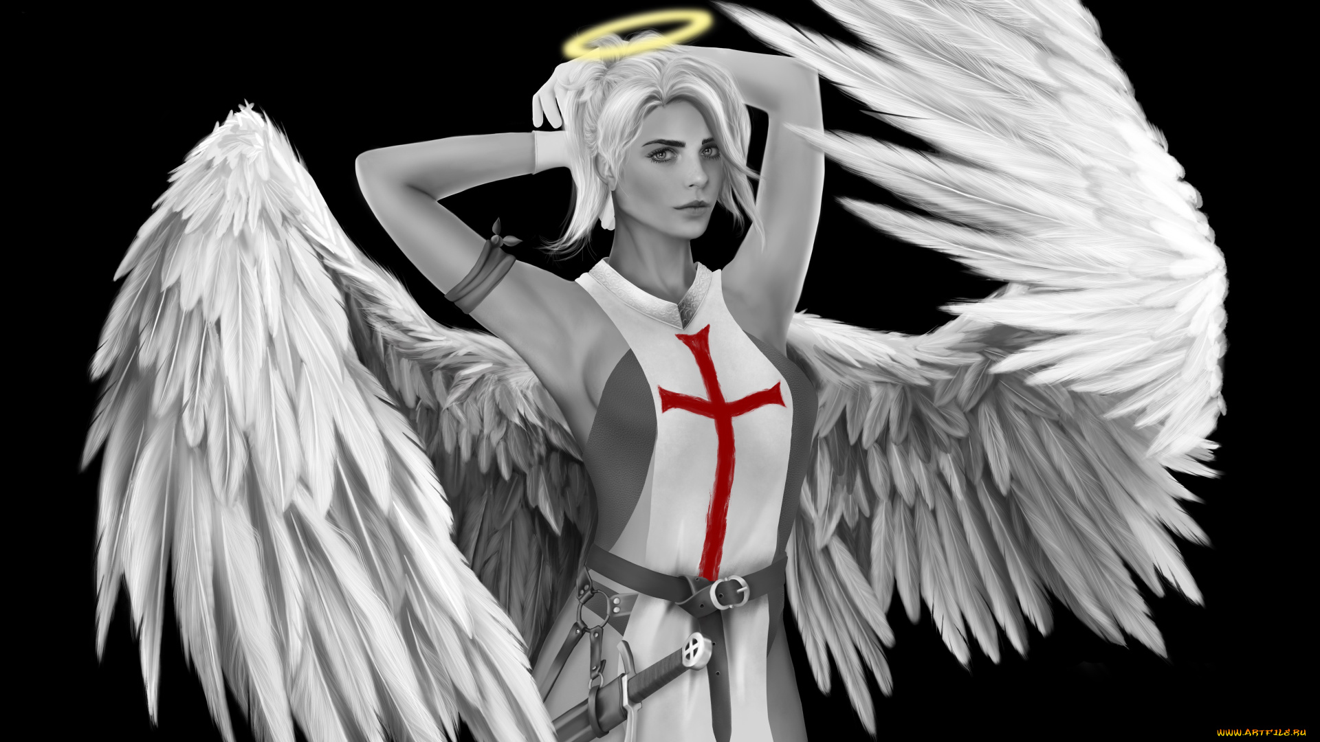 видео, игры, overwatch, крылья, нимб, взгляд, фон, девушка, меч