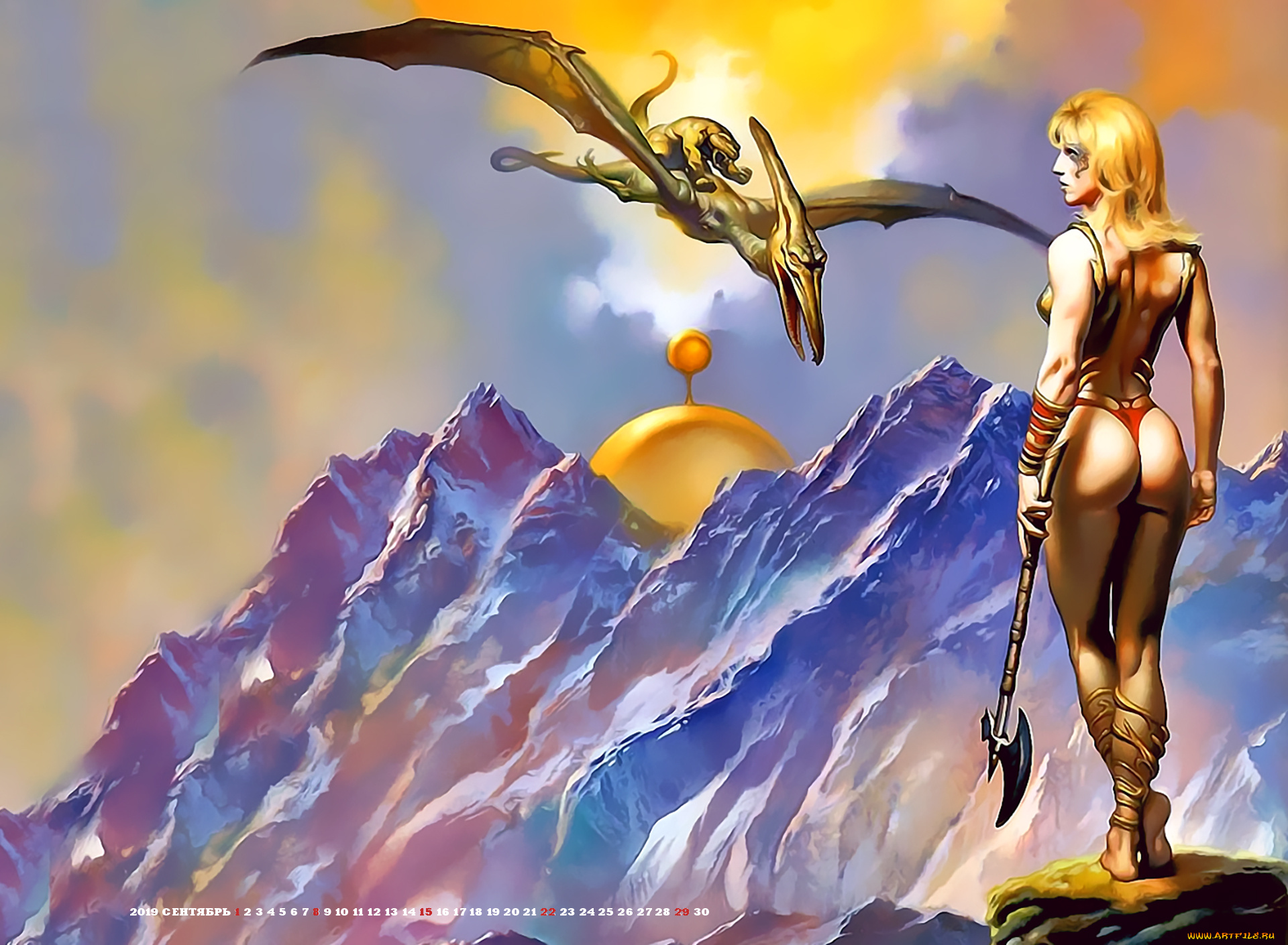 календари, фэнтези, оружие, гора, девушка, 2019, calendar, существо, динозавр, птеродакль