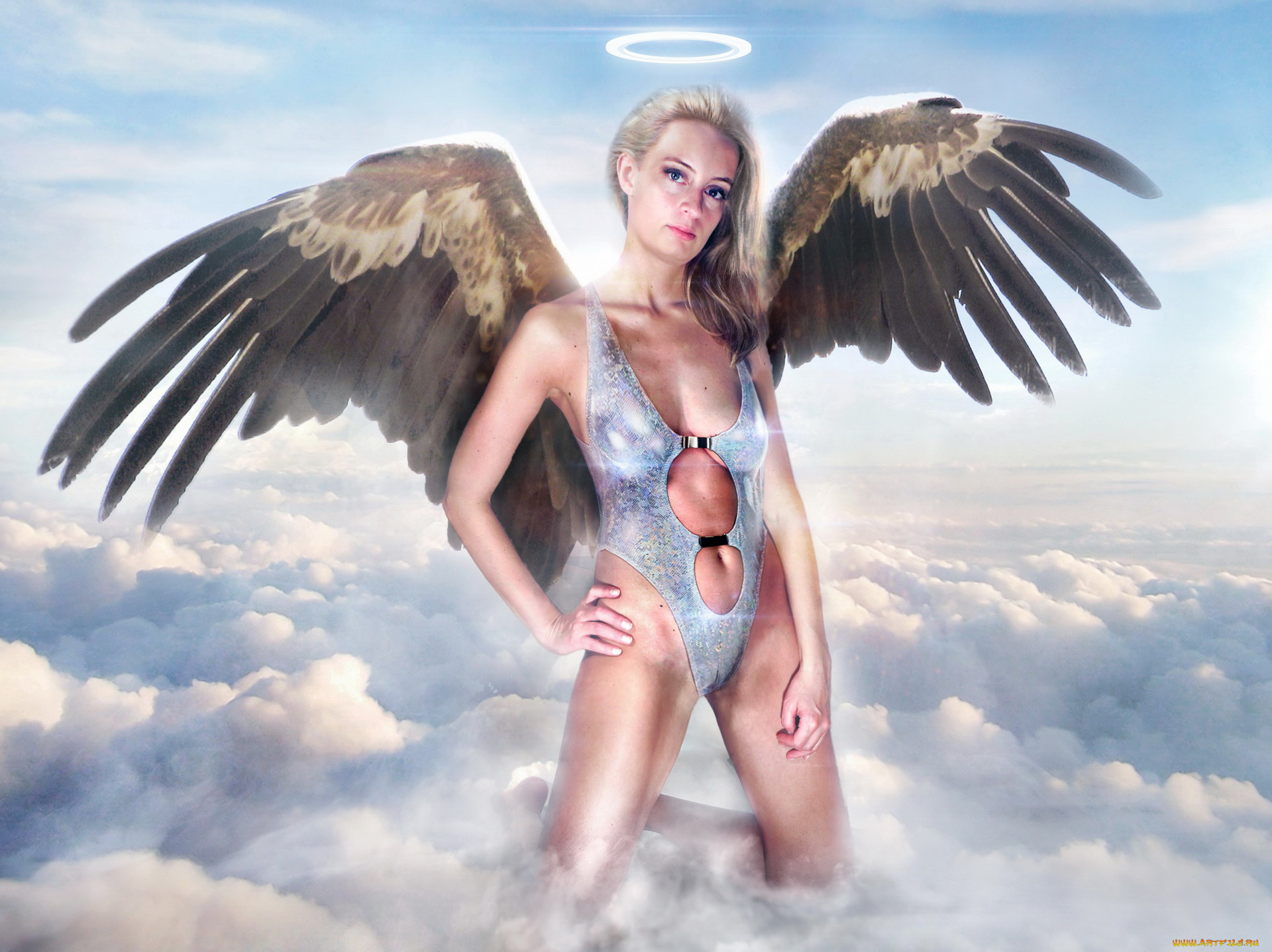разное, компьютерный, дизайн, нимб, крылья, взгляд, фон, девушка, облака
