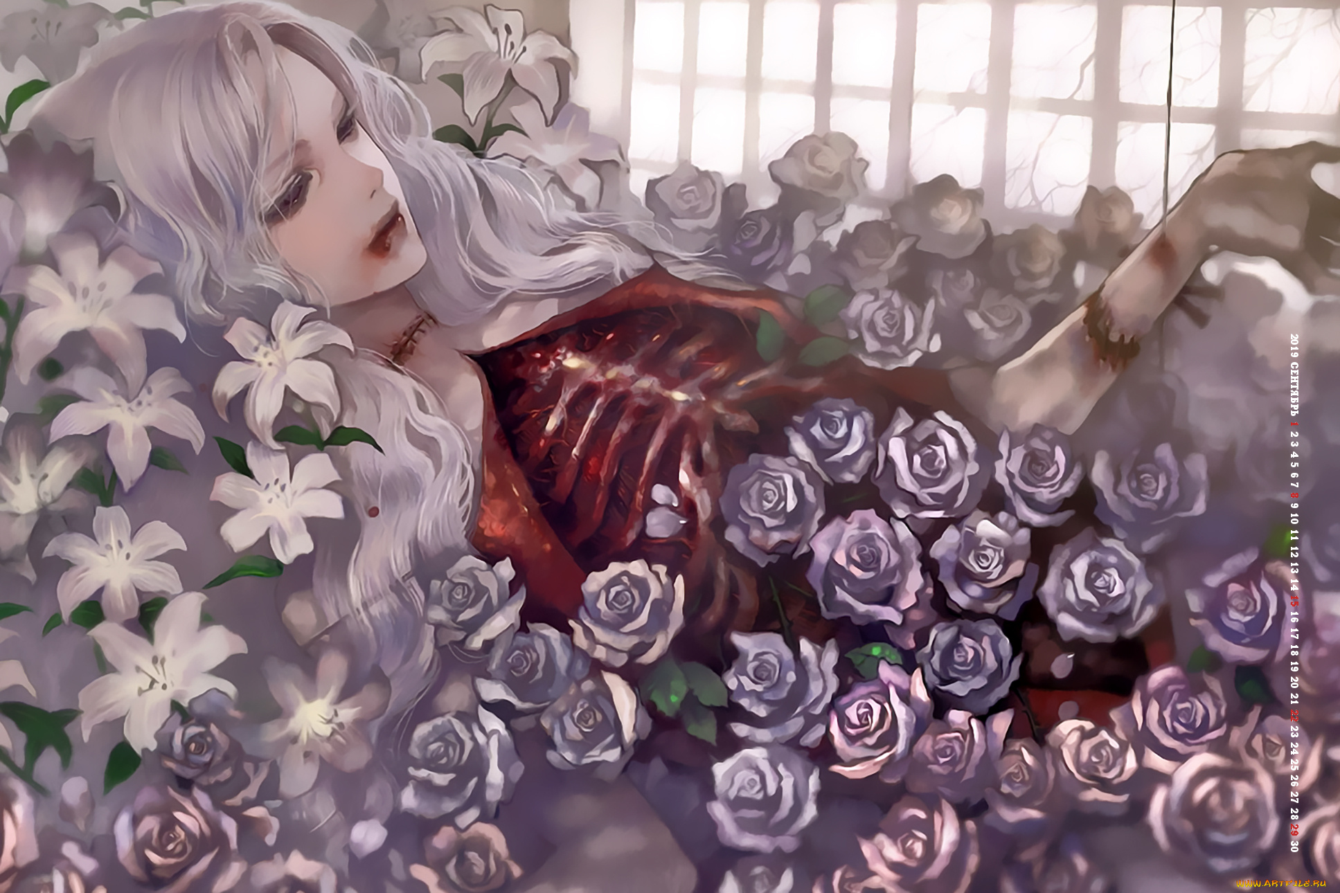 календари, фэнтези, 2019, calendar, смерть, цветы, девушка, кровь, скелет