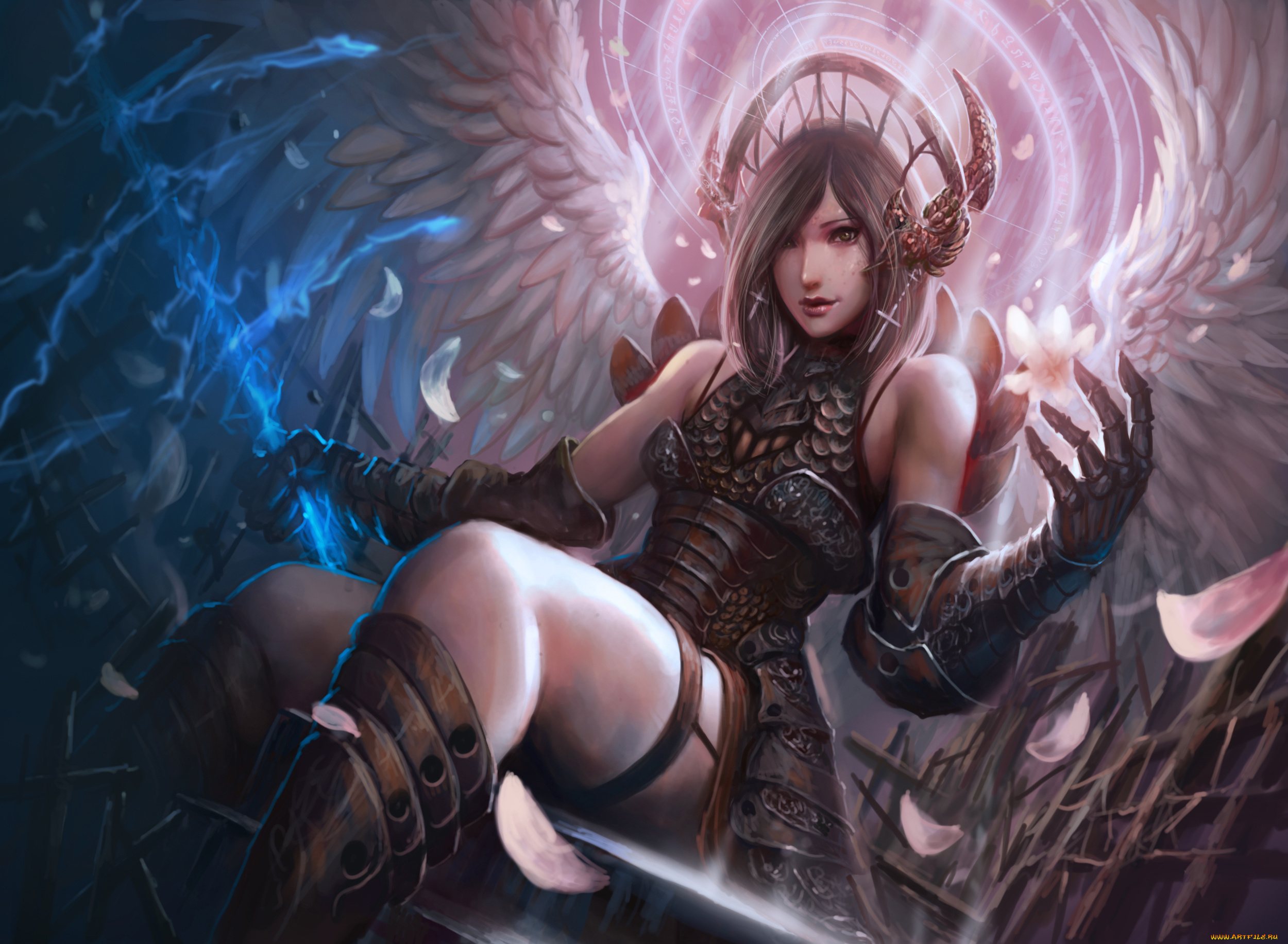 фэнтези, ангелы, девушка, фон, взгляд, нимб, крылья