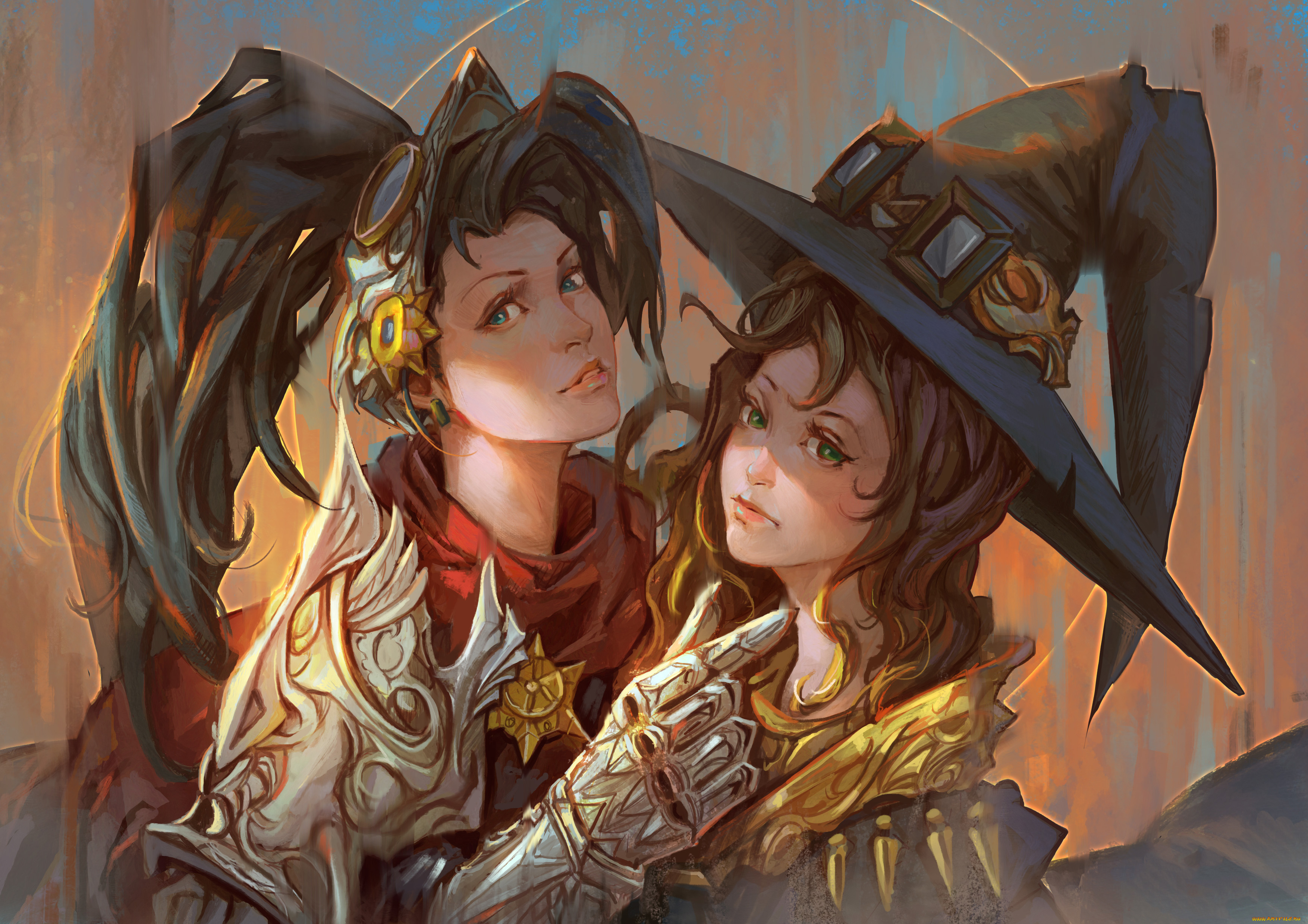 фэнтези, девушки, латы, взгляд, фон