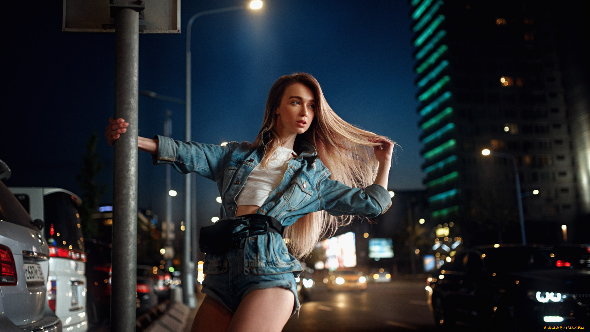 девушки, -, блондинки, , светловолосые, девушка, ночь, город, джинсовая, куртка