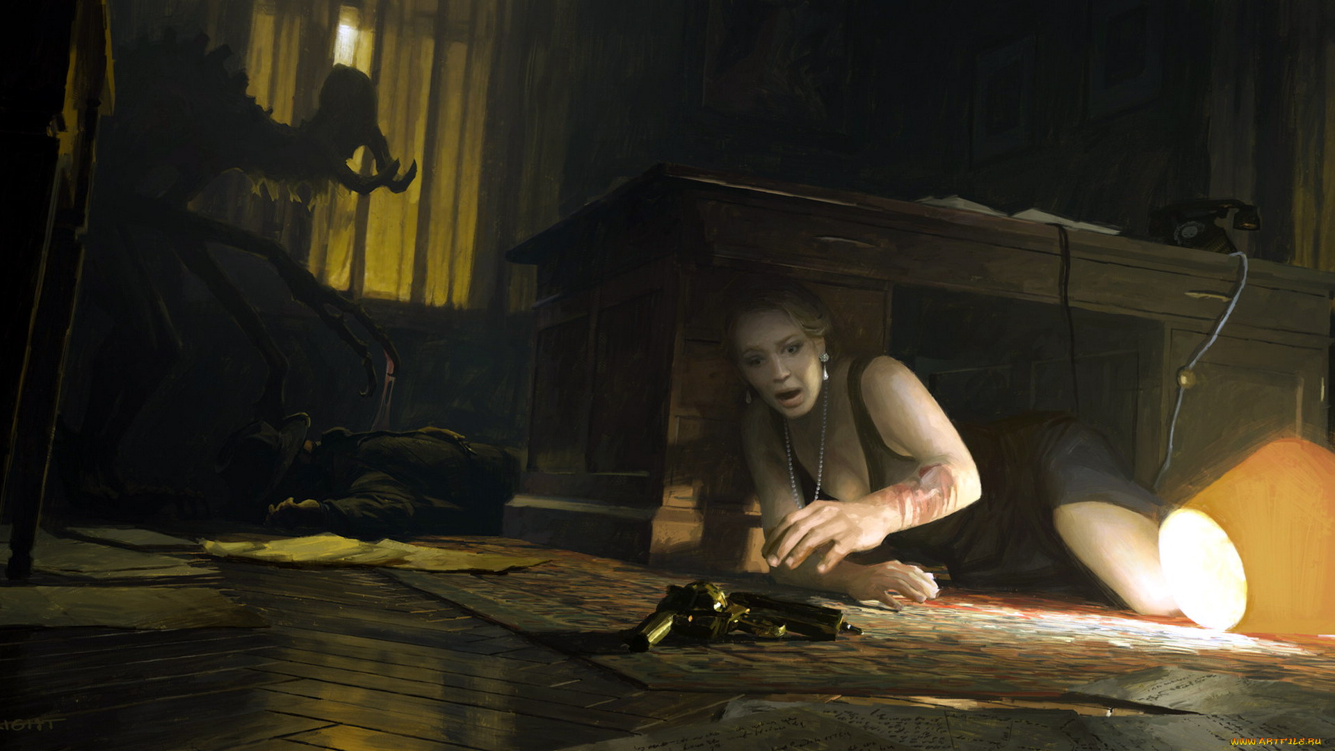 фэнтези, красавицы, и, чудовища, монстр, труп, комната, стол, торшер, женщина, рана, пистолет